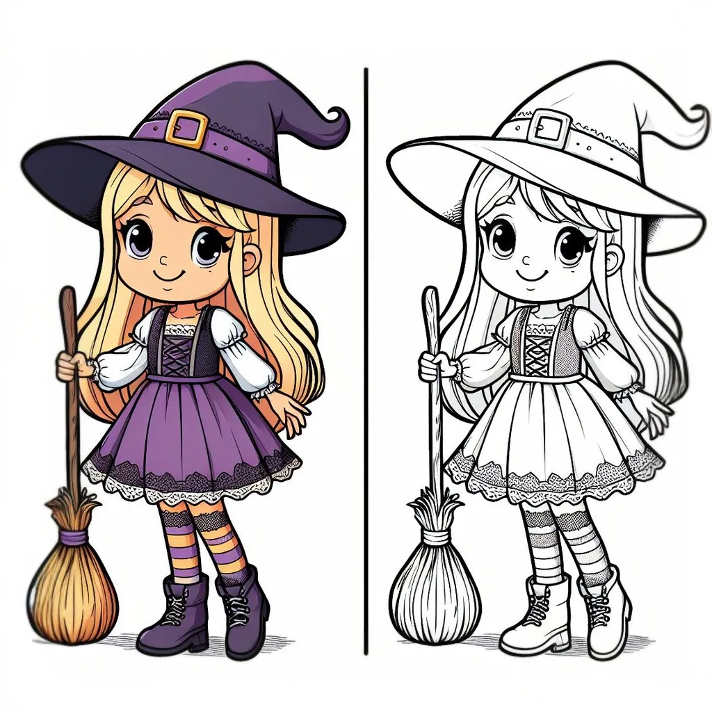 Girl Dressed up as a Witch for Carnival or Halloween 🧙‍♀️👧 Coloring Page