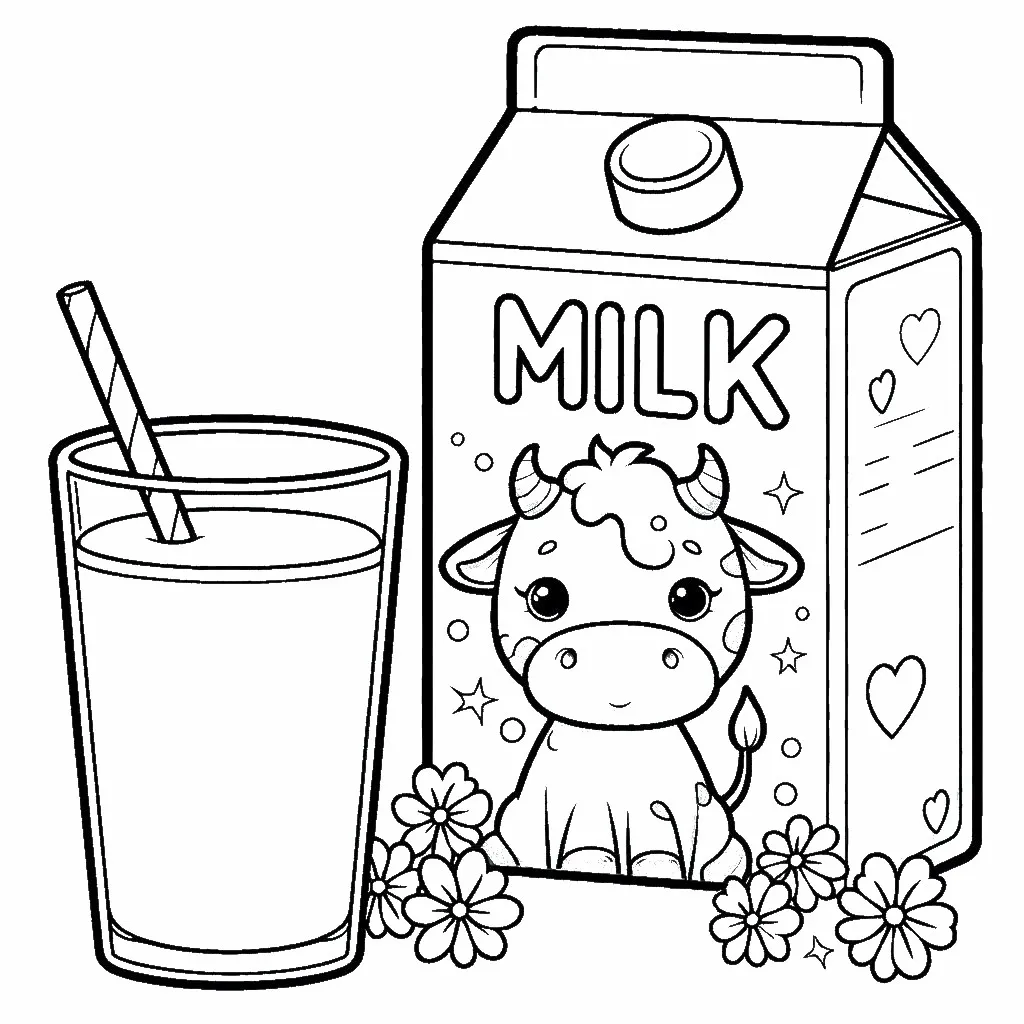 Glass of Milk and Milk Box with Cute Cow 🥛🐄 Coloring Page