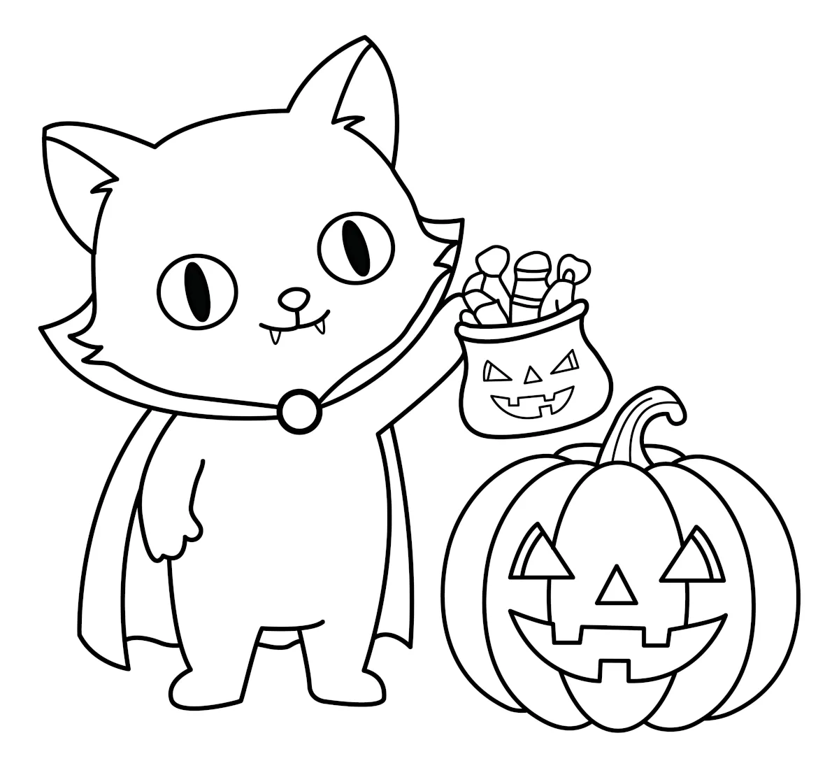 A playful cat dressed as a vampire for Halloween with a pumpkin and candy bag 🎃🧛🐱 Coloring Page
