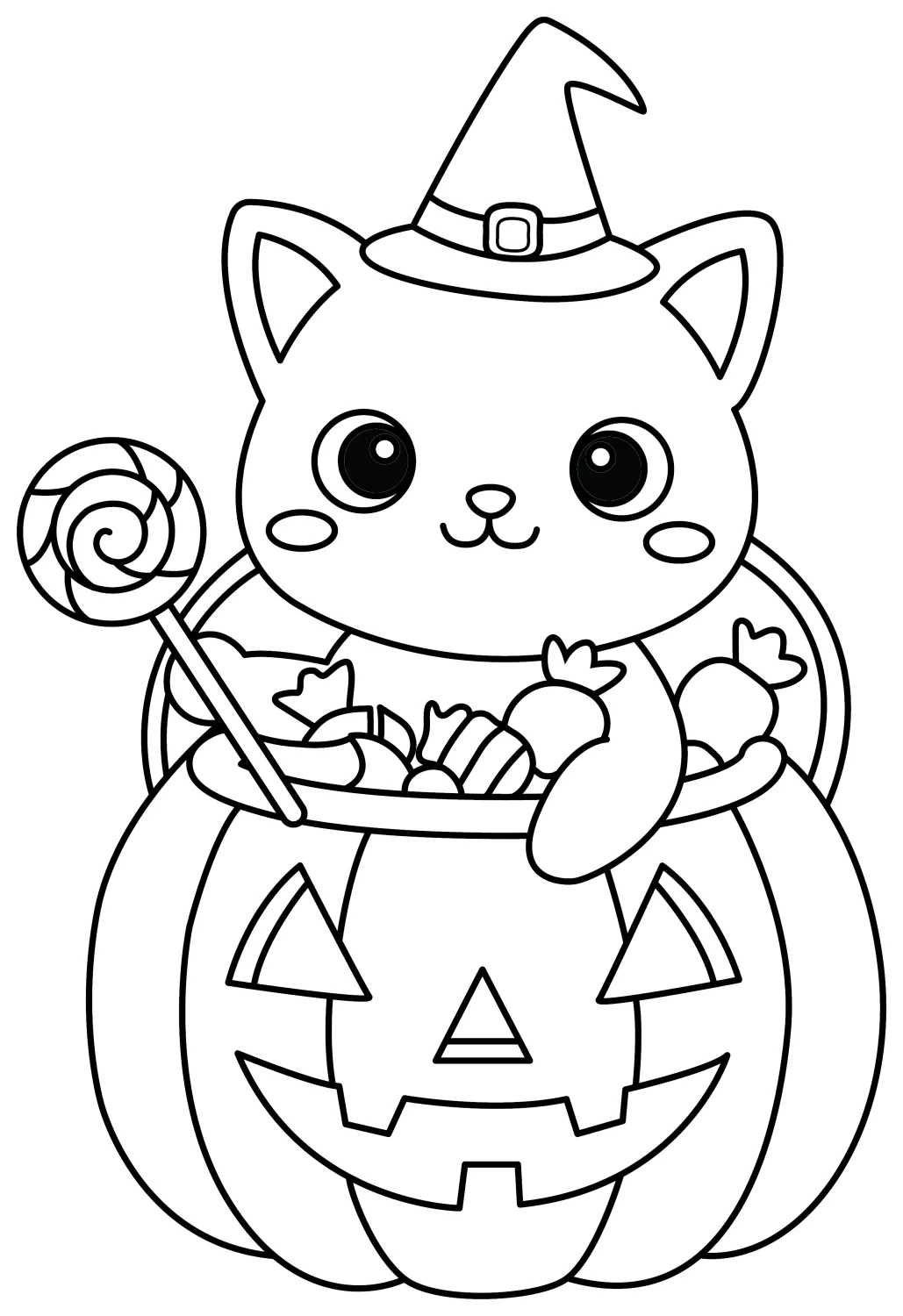 Adorable Halloween Cat with a Witch Hat in a Pumpkin Basket 🎃🐱🧙‍♀️ Coloring Page