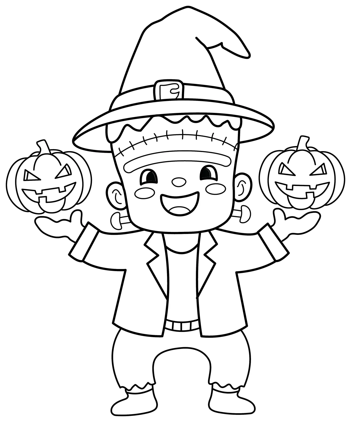Halloween Frankenstein Witch Hat Holding Pumpkins 🎃👻🎃 Coloring Page