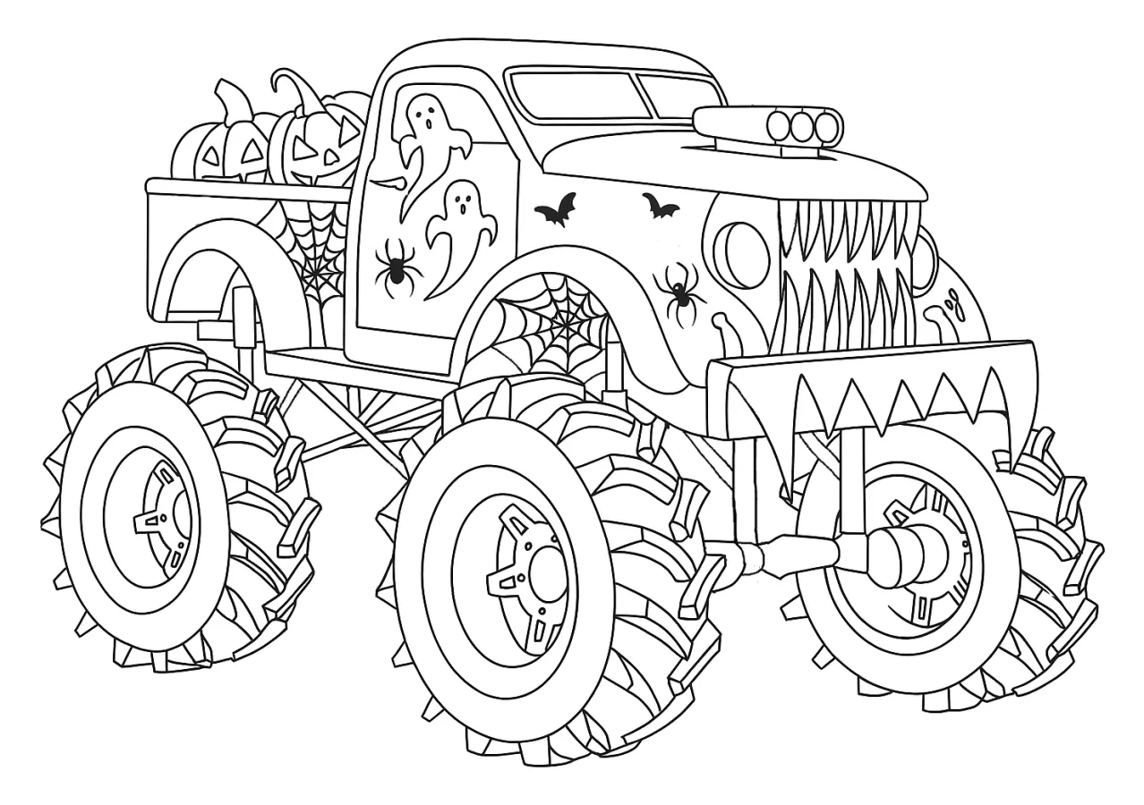 A Spooky Halloween Monster Truck with Pumpkins and Ghostly Figures 🎃👻🚚 Coloring Page