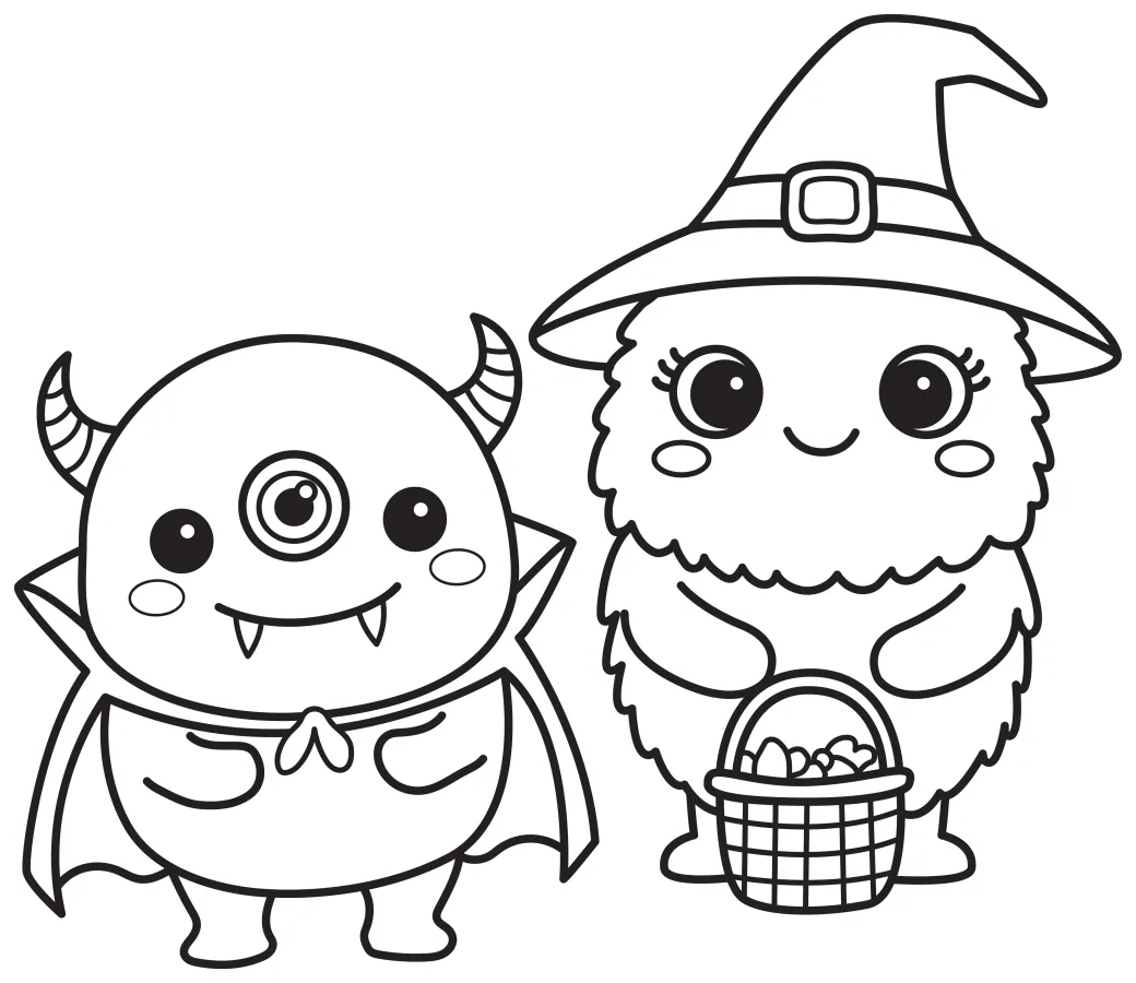Halloween Monsters with a Basket of Candy 🎃👻🍎 Coloring Page