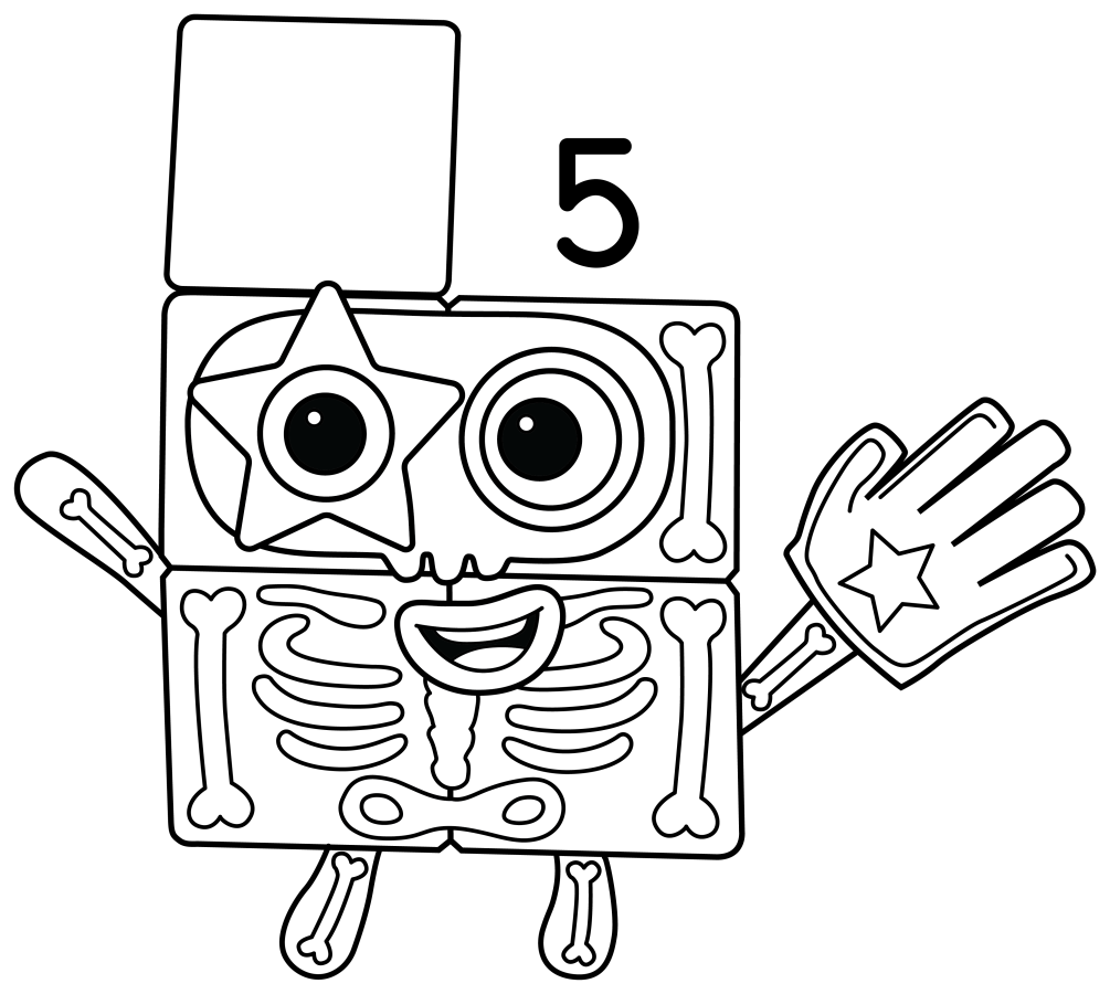 Halloween Skeleton Numberblock Five 🎃💀🖐️ Coloring Page