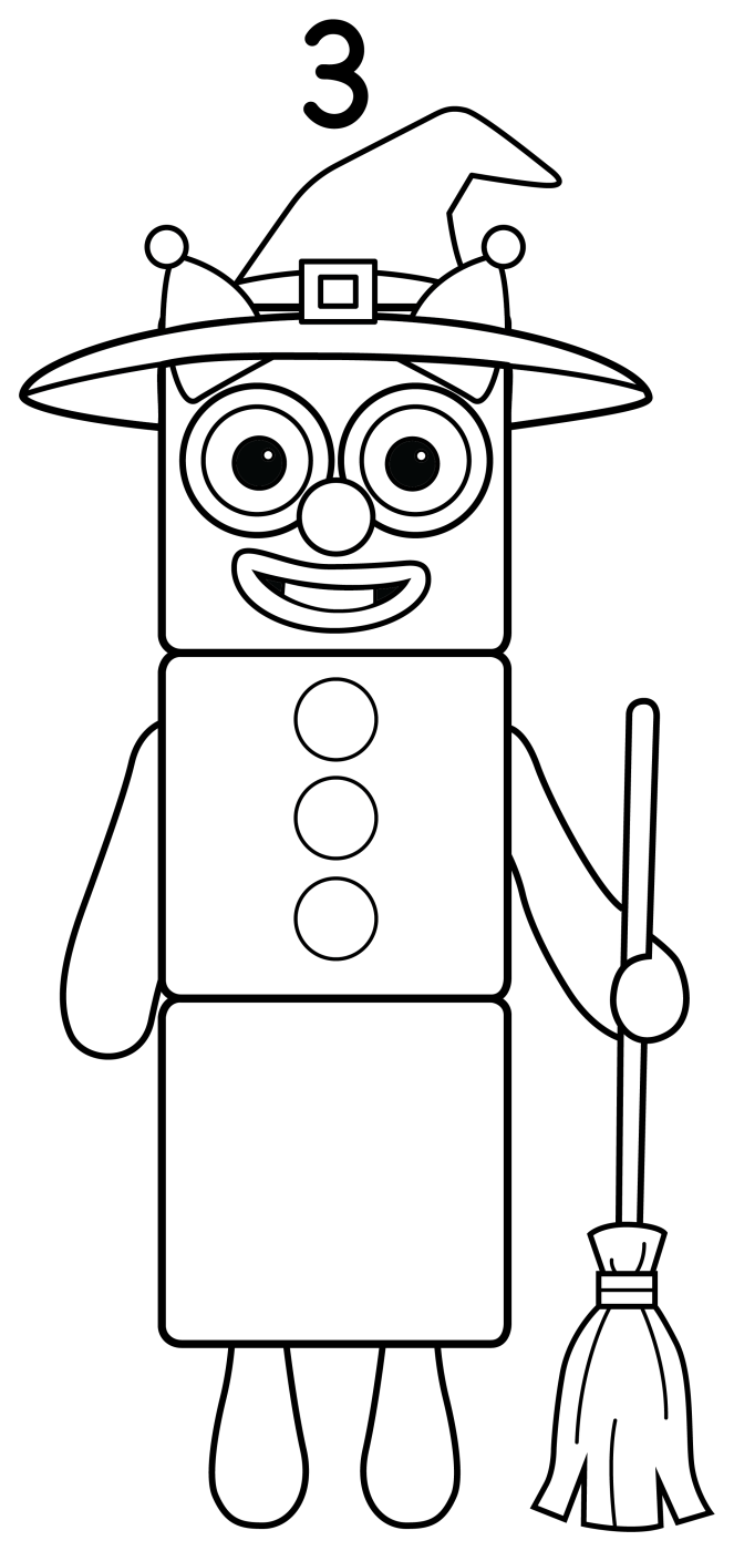 Halloween Witch Numberblock Three 🎃🧙‍♀️🧹 Coloring Page