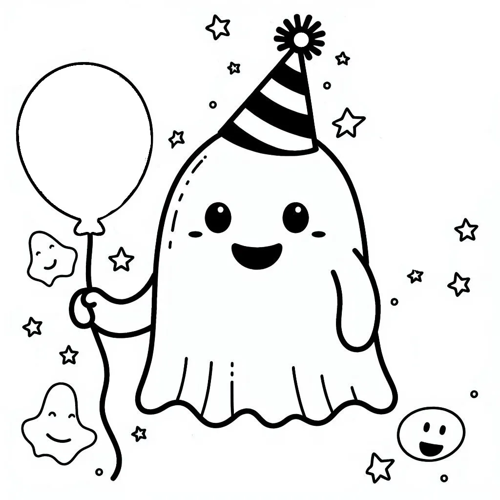 Halloween Spooky Ghost with Hat and Holding a Ball 🎃👻🧢🏀 Coloring Page
