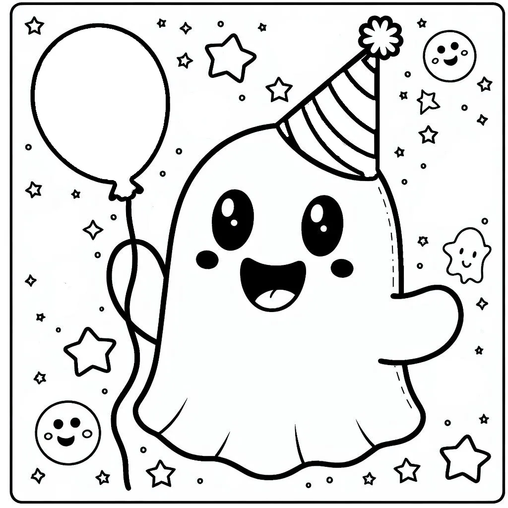 Halloween Spooky Ghost with Hat and Holding a Ball 🎃👻🧢🏀 Coloring Page