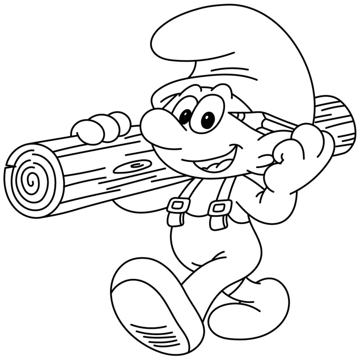 Handy Smurf Carrying a Log with a Smile 🧑‍🔧🌳💪 Coloring Page