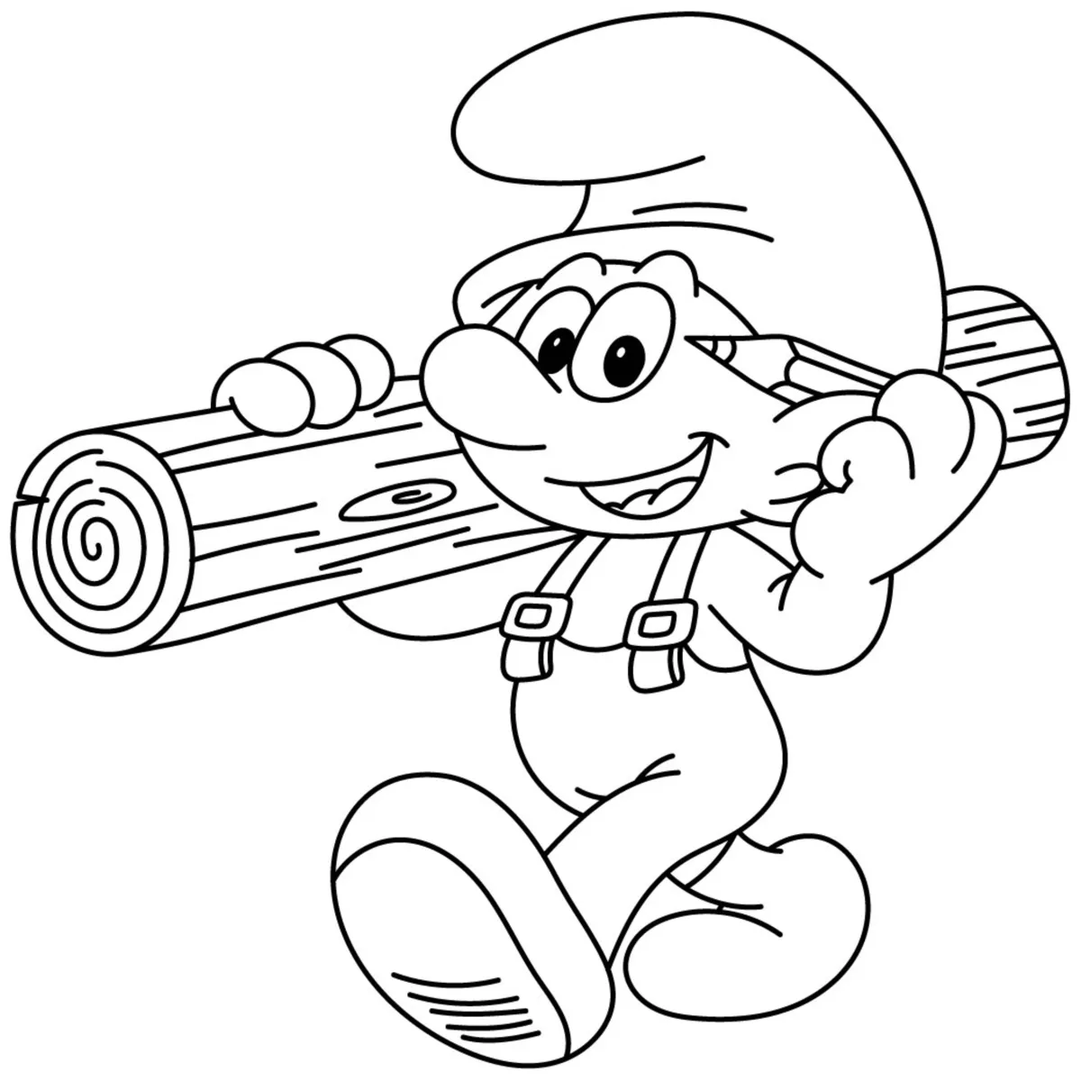 Handy Smurf Carrying a Log with a Smile 🧑‍🔧🌳💪 Coloring Page