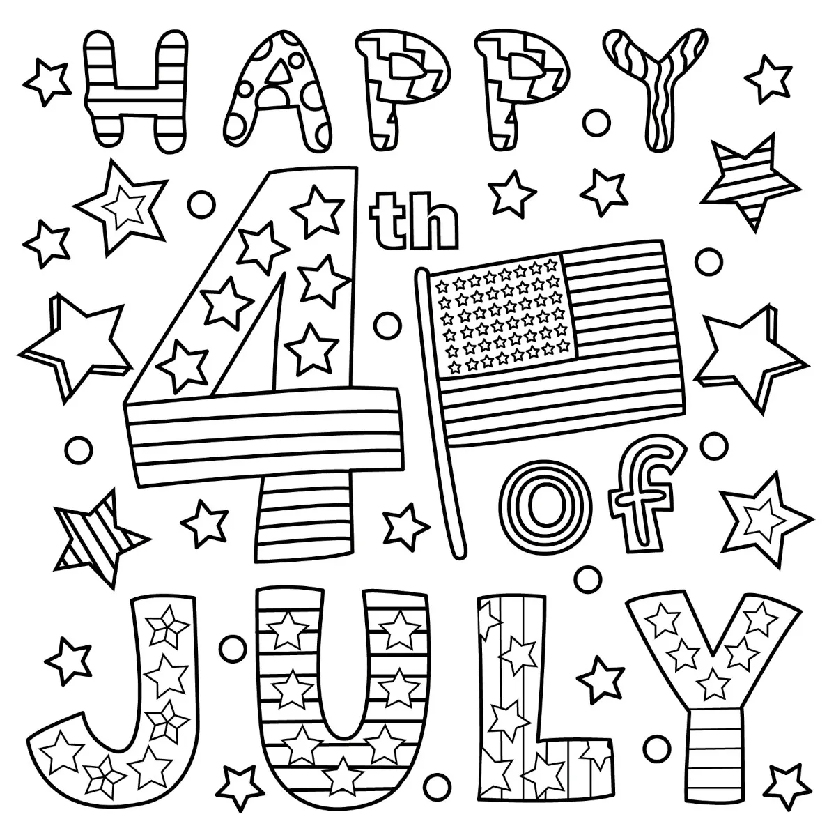 Happy 4th of July Flag & Stars 🇺🇸🎆⭐🧨 Coloring Page
