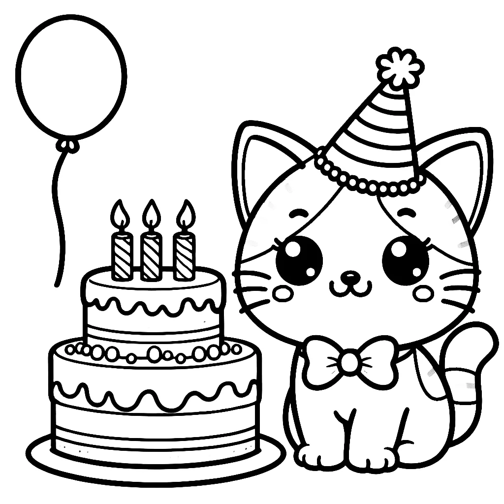 Happy Cat with Birthday Cake Balloon and Party Hat (3 candles) 🎈🎂🎉 Coloring Page