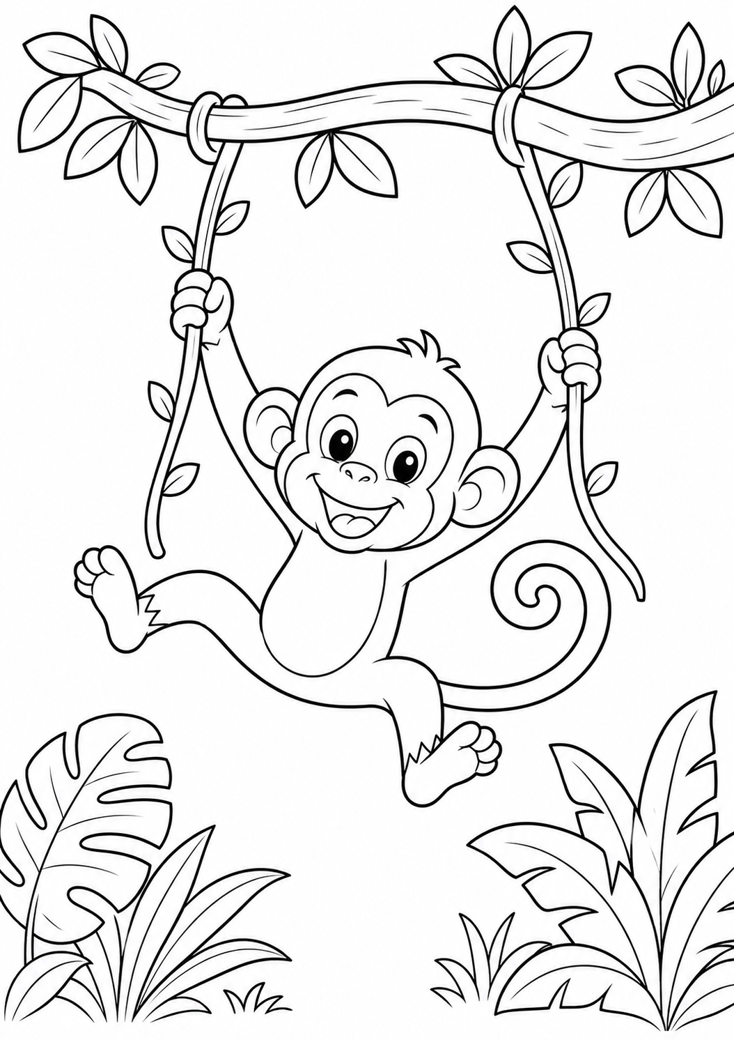 Happy Cheeky Monkey Swinging on Vines 🐒🌿🍌 Coloring Page