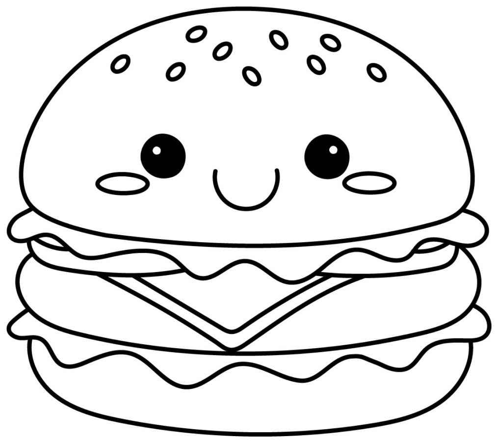 Happy Cheerful Burger with a Friendly Smile 🍔😊🍟 Coloring Page