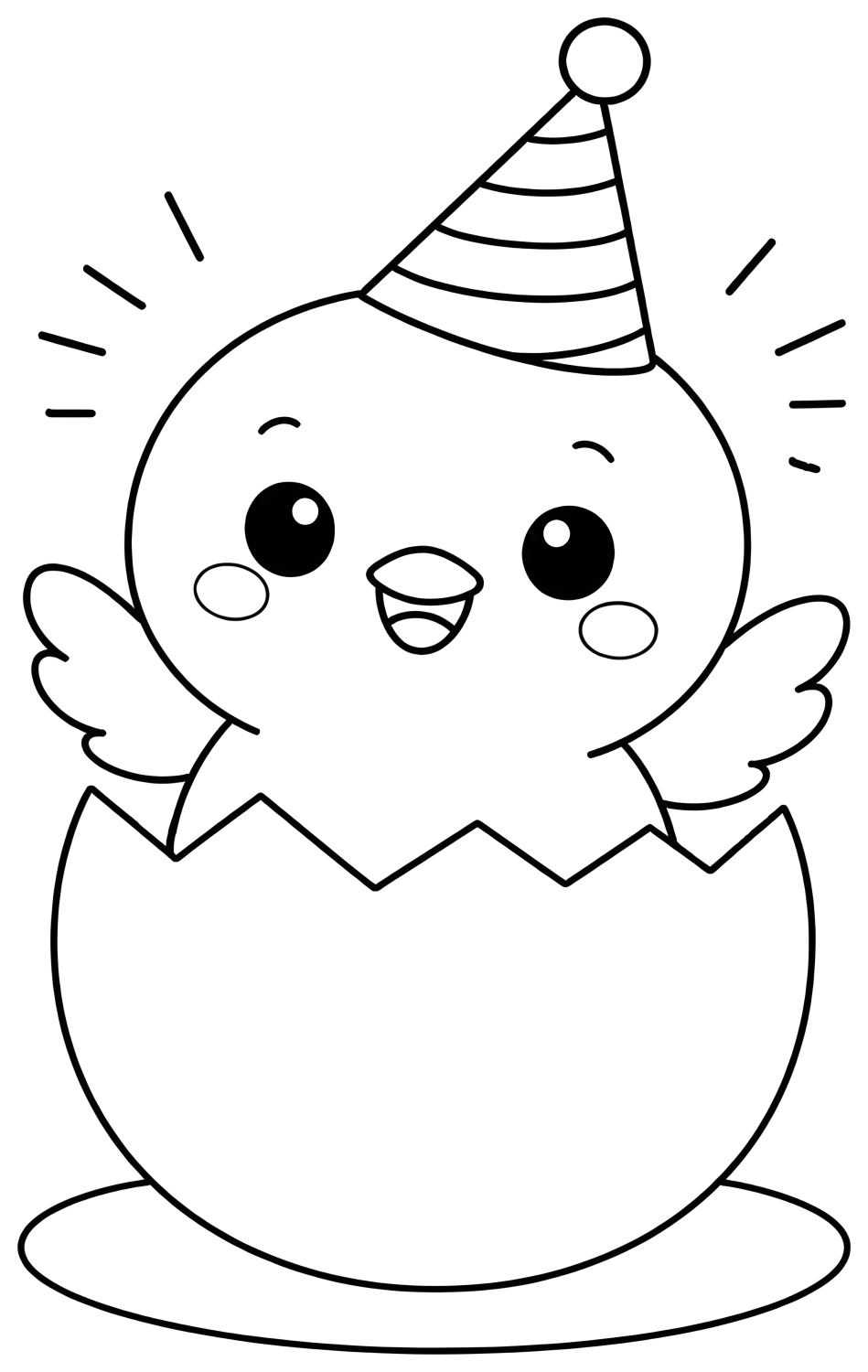 A Happy Chick Hatching from an Egg with a Party Hat 🐣🎉🎈 Coloring Page