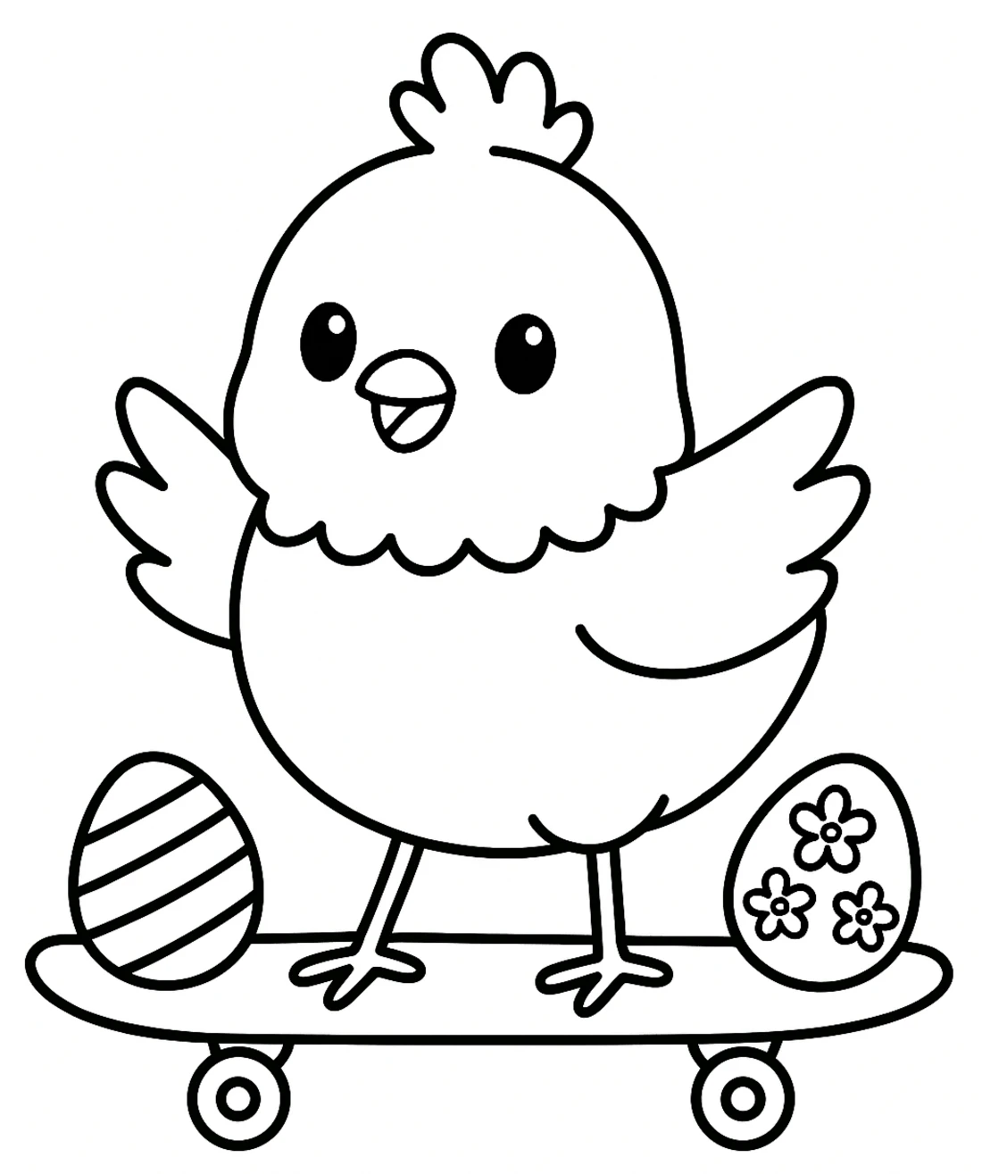 Happy Chick on Skateboard with Two Decorated Easter Eggs 🐣🛹🌸🥚 Coloring Page