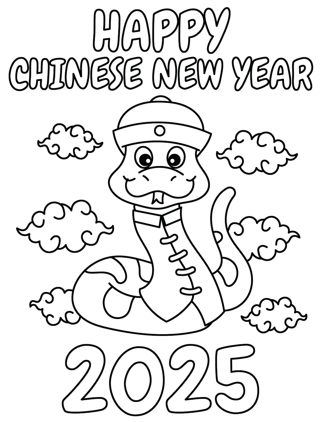 Happy Chinese New Year 2025 - Snake with Clouds 🐍☁️🎆🎉 Coloring Page