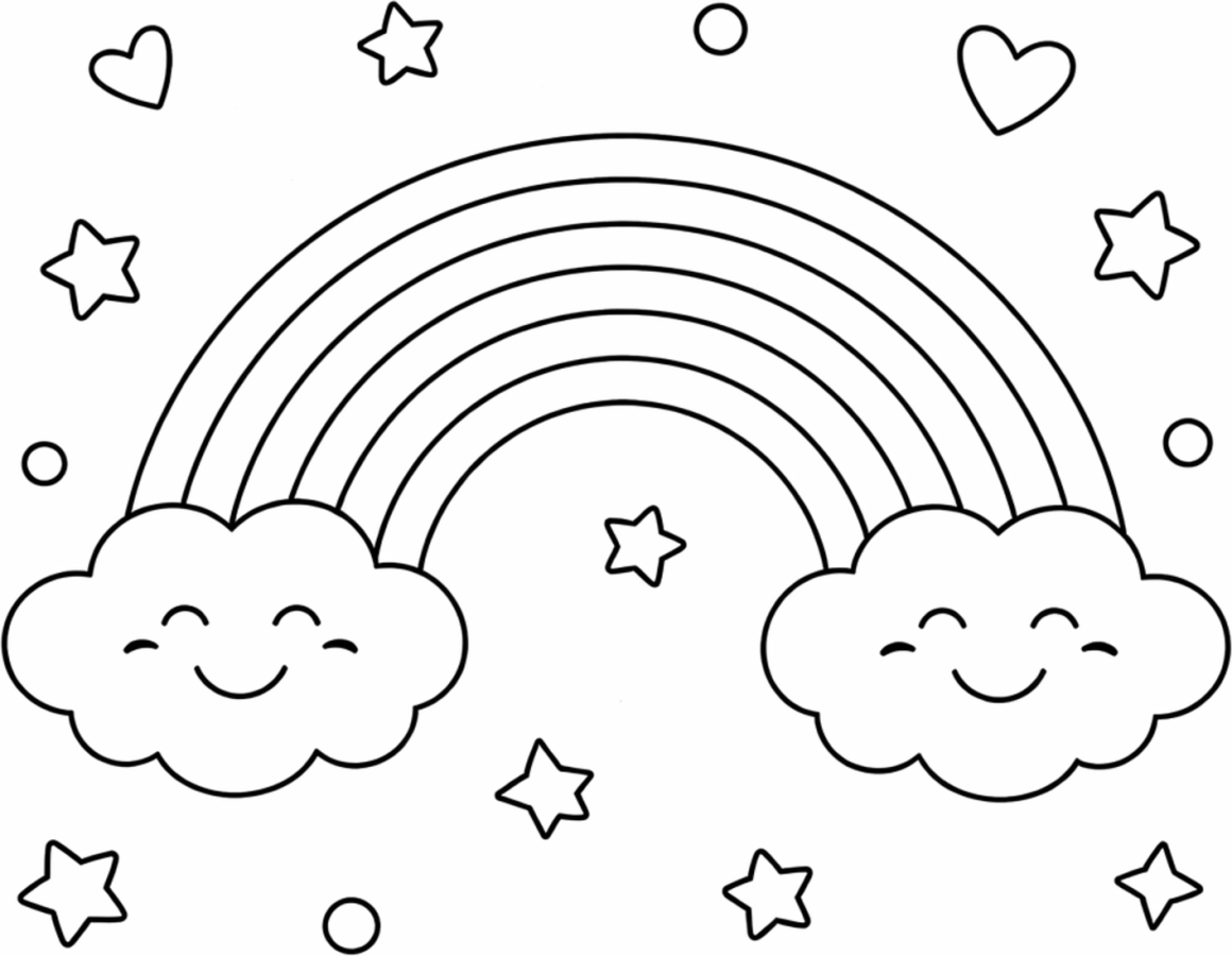 Happy Clouds with Rainbow and Floating Stars 🌈✨🌤️ Coloring Page