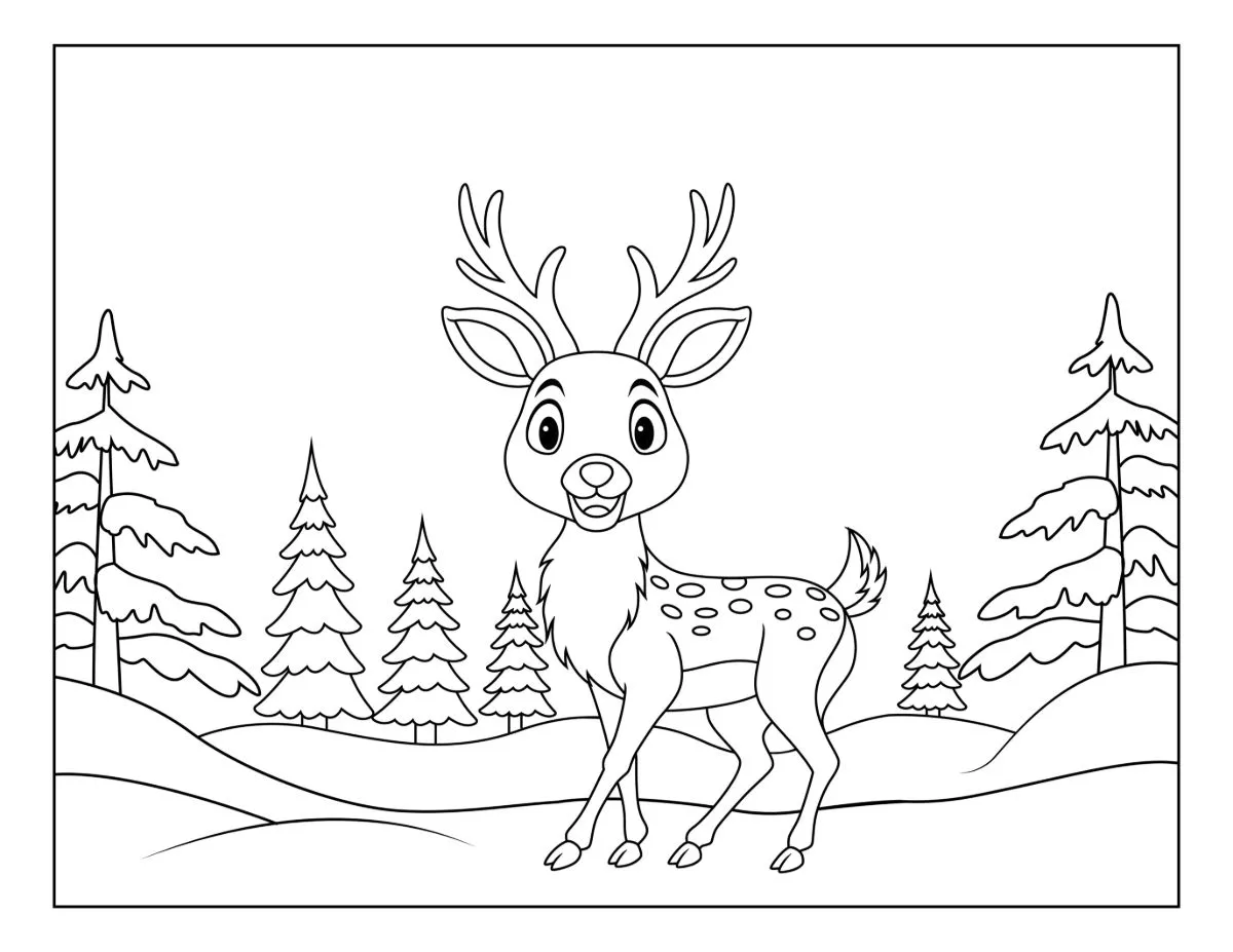 Happy Deer Standing in a Snowy Winter Forest 🦌❄️🌲 Coloring Page