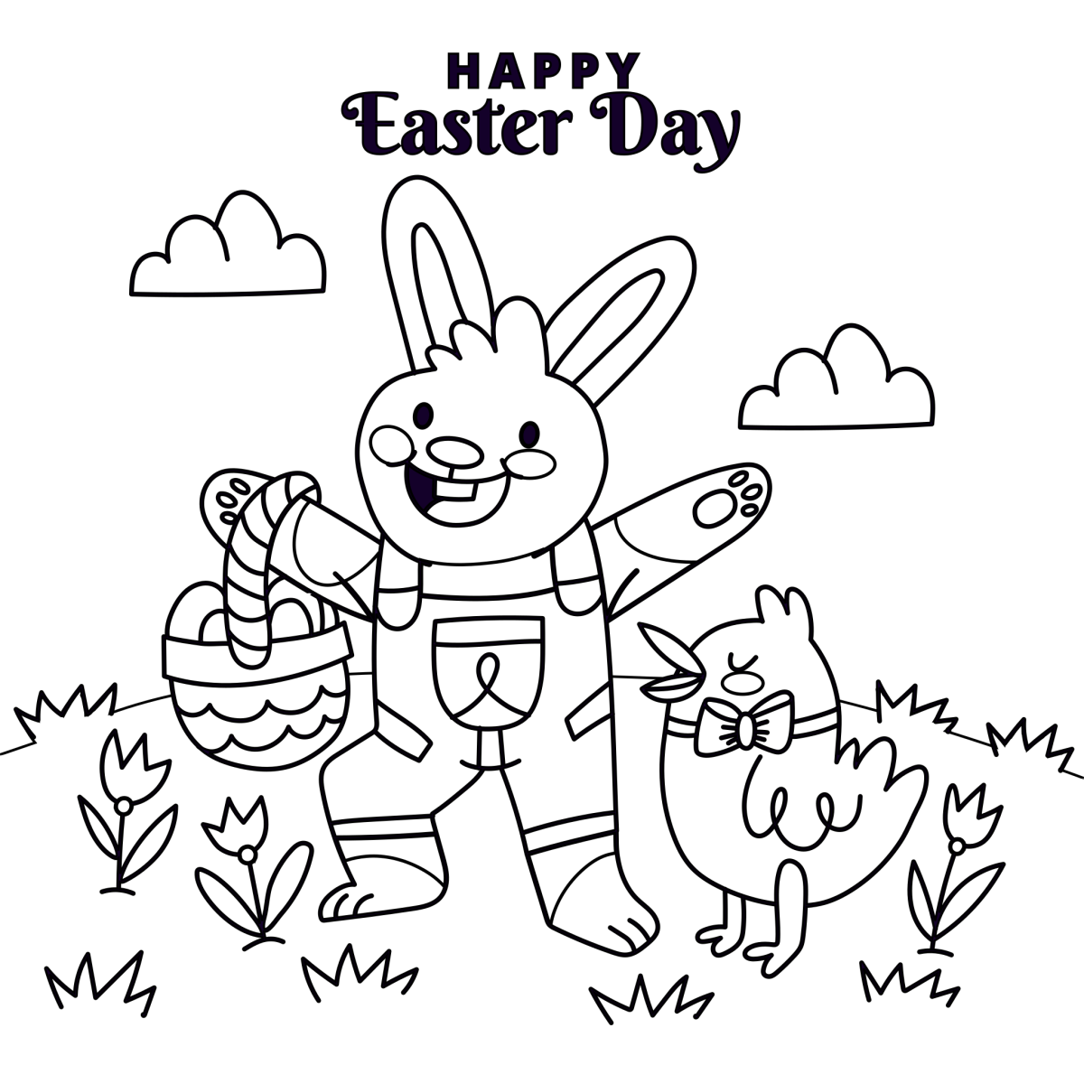 Happy Easter Bunny with Chick and Eggs 🐰🐣🌸 Coloring Page