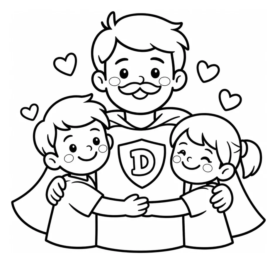 Happy Family with Superhero Dad and Kids 👨‍👧‍👦🦸‍♂️💖 Coloring Page