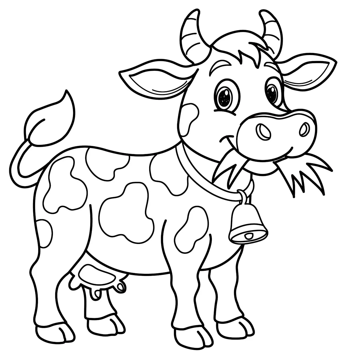 Happy Farm Cow with Bell Eating Grass in Cute Cartoon Style 🐄🔔🌾😄💚 Coloring Page