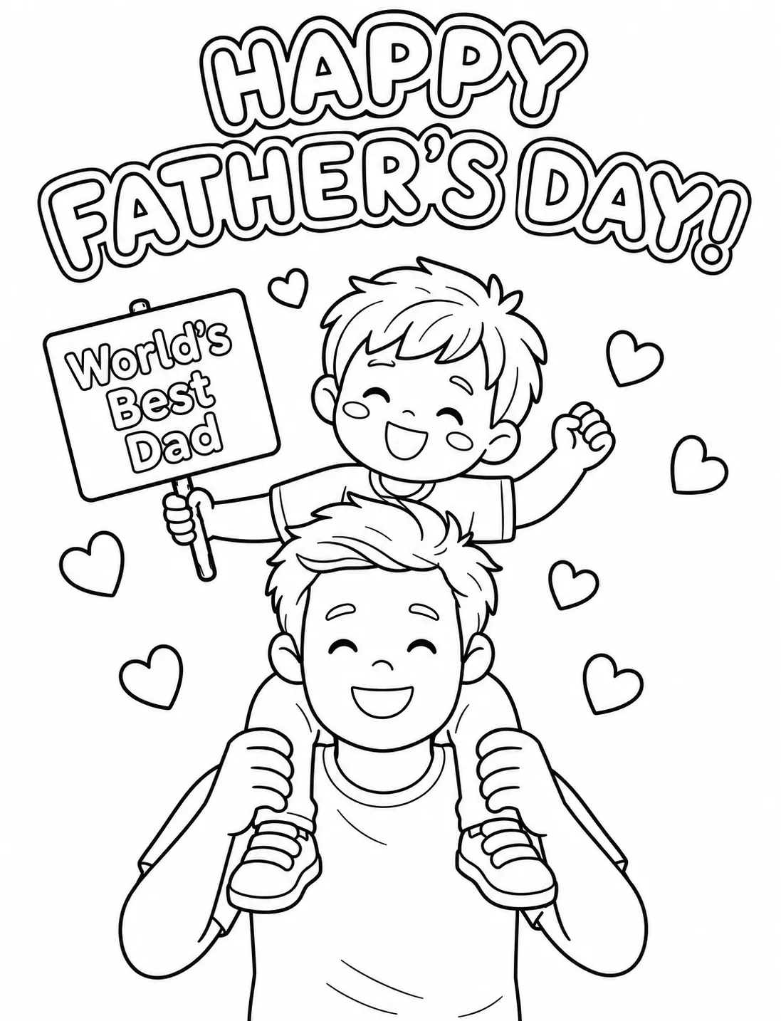 Happy Father’s Day with Boy Holding Sign 👨‍👦🎉💖 Coloring Page