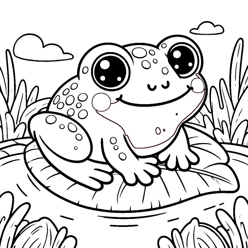 Happy Frog on Leaf in Pond 🐸🍃🌊 Coloring Page