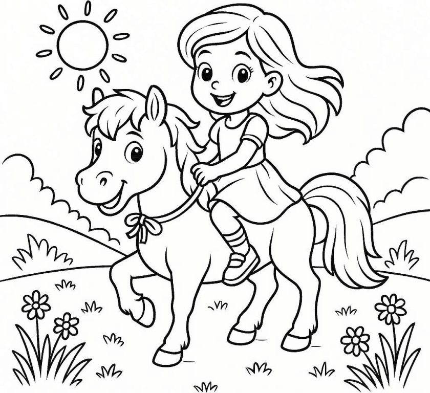 Happy Girl Riding Pony in Sunny Field with Flowers 🌞🐴🌸 Coloring Page