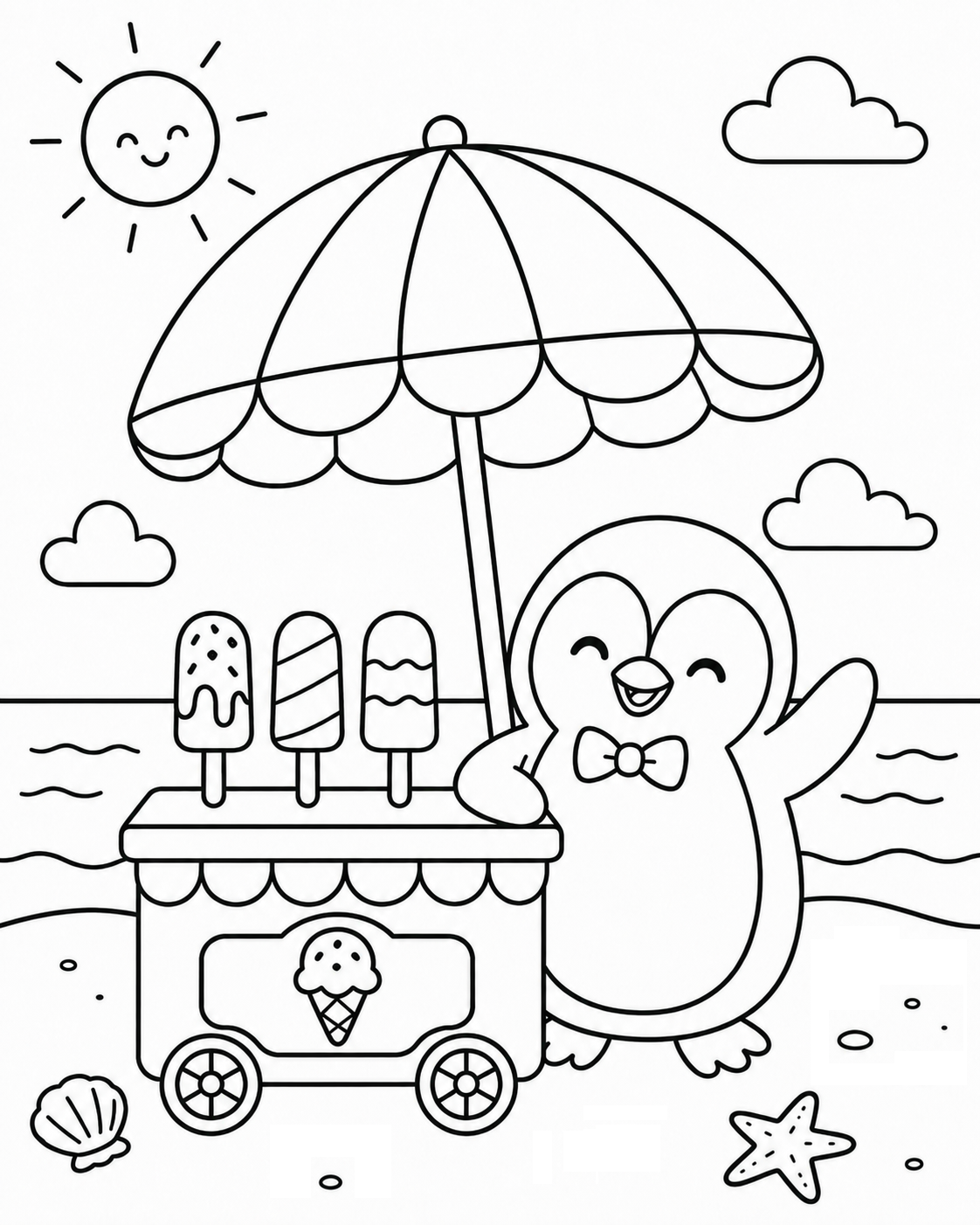 Happy Kawaii Penguin Selling Ice Pops 🐧☀️🍦 Coloring Page