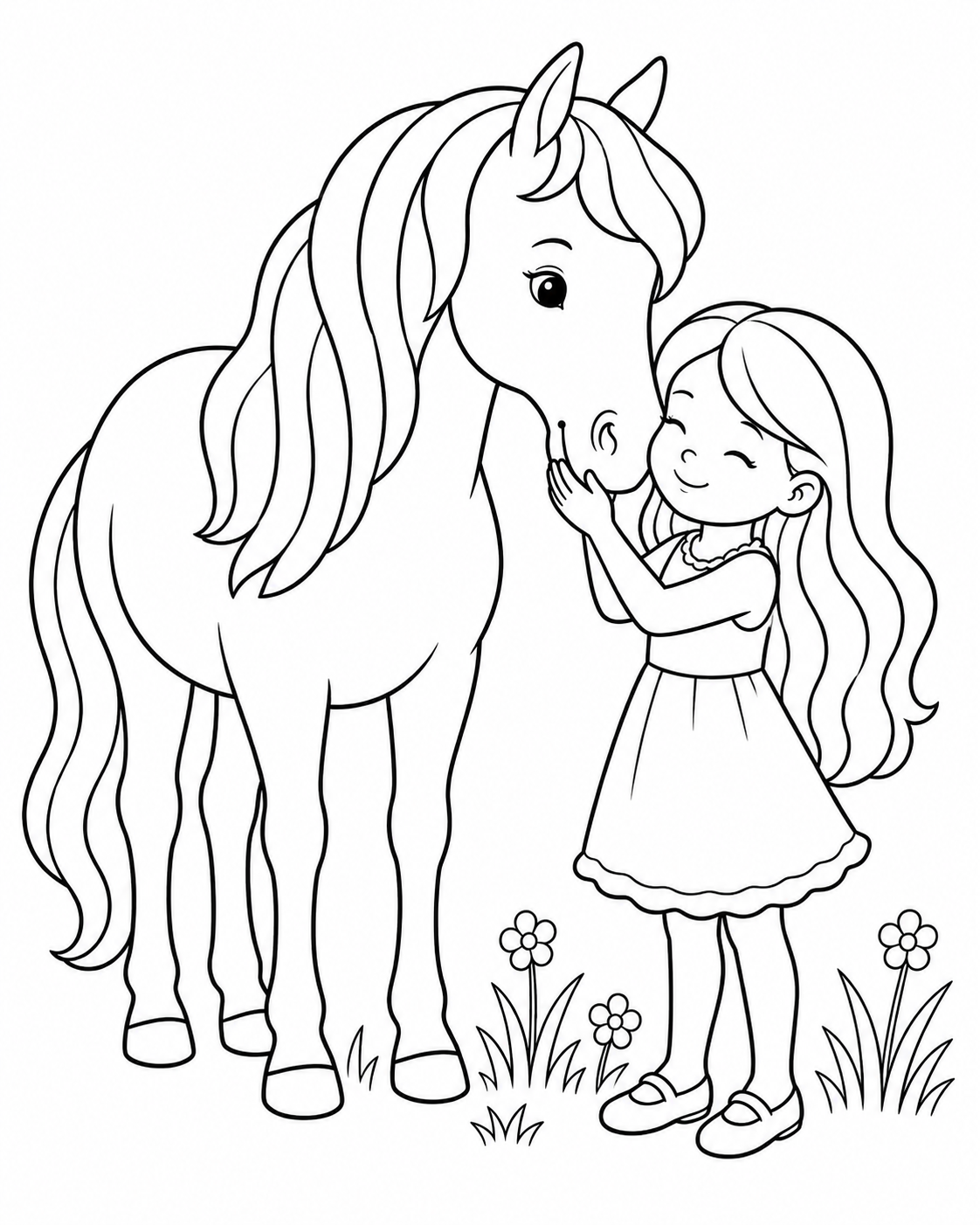 Happy Little Girl and Her Friendly Horse 🐴👧✨ Coloring Page