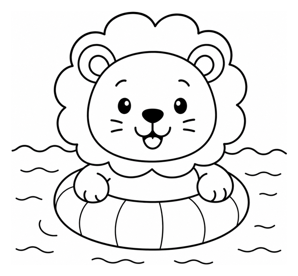 Happy Little Lion Floating in Water Ring 🦁☀️💦 Coloring Page