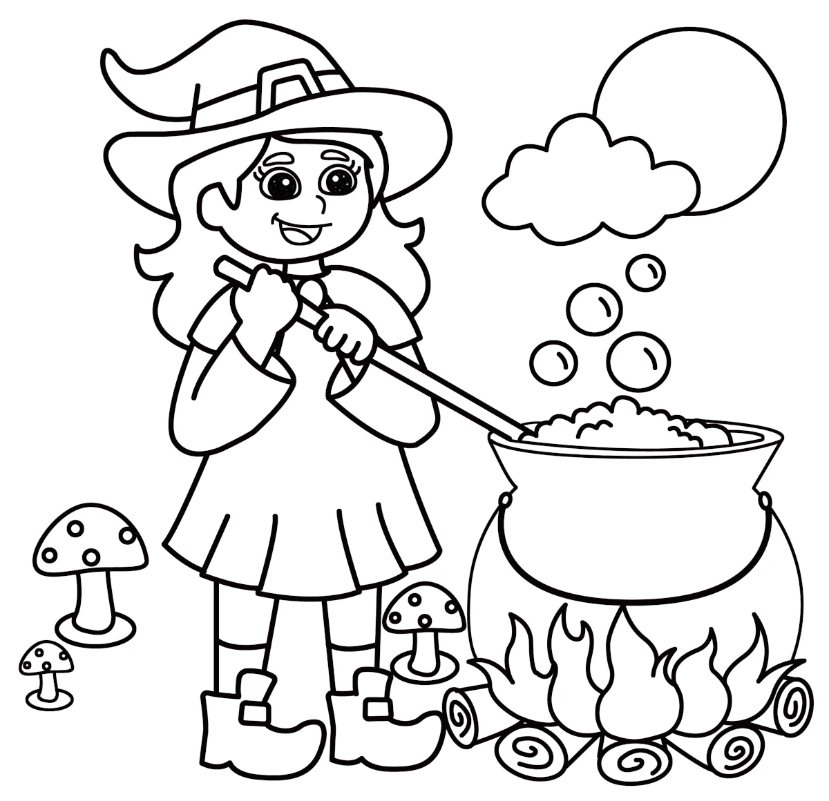 Happy Little Witch Stirring a Bubbling Cauldron under the Moon with Mushrooms and Fire 🌙🧙‍♀️🔥🍄✨ Coloring Page