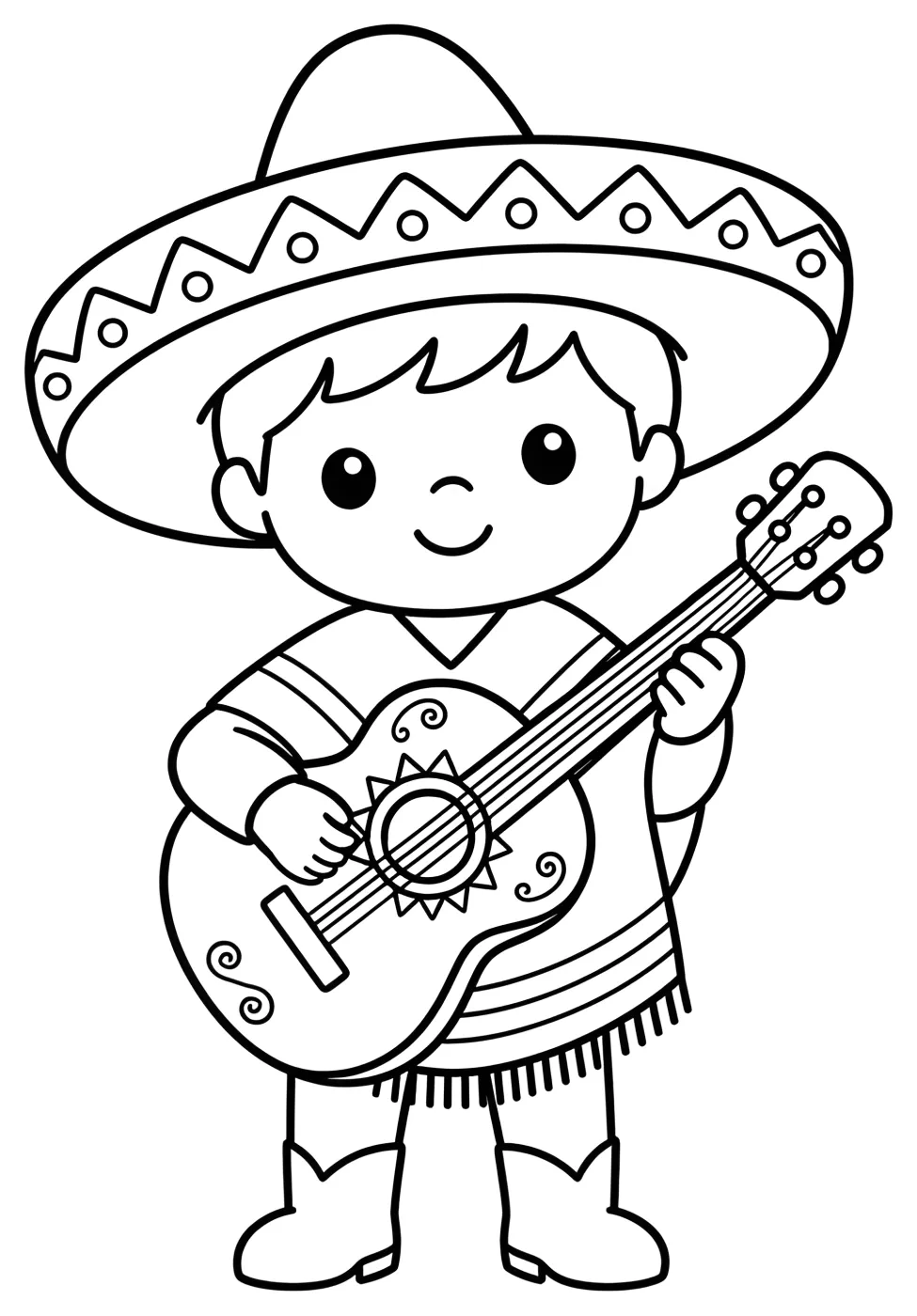 Happy Mexican Boy Playing Guitar for Cinco de Mayo 🎶🎵🇲🇽 Coloring Page