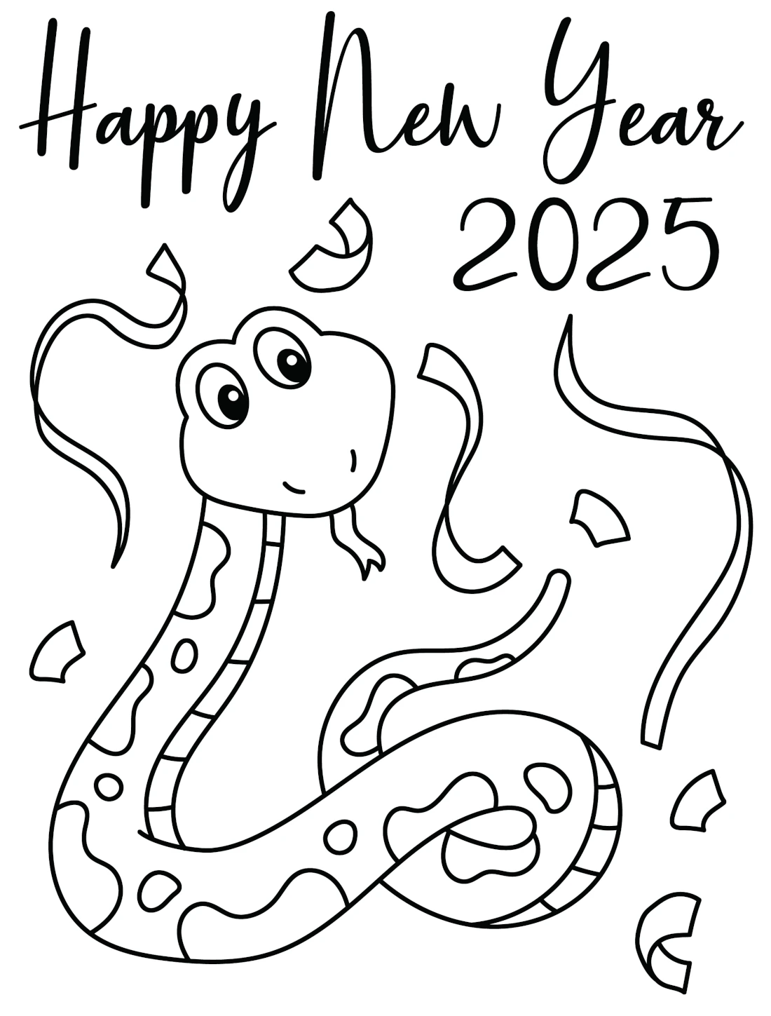 Happy New Year 2025 Cute Snake with Party Streamers 🎊🐍🎆🥳 Coloring Page