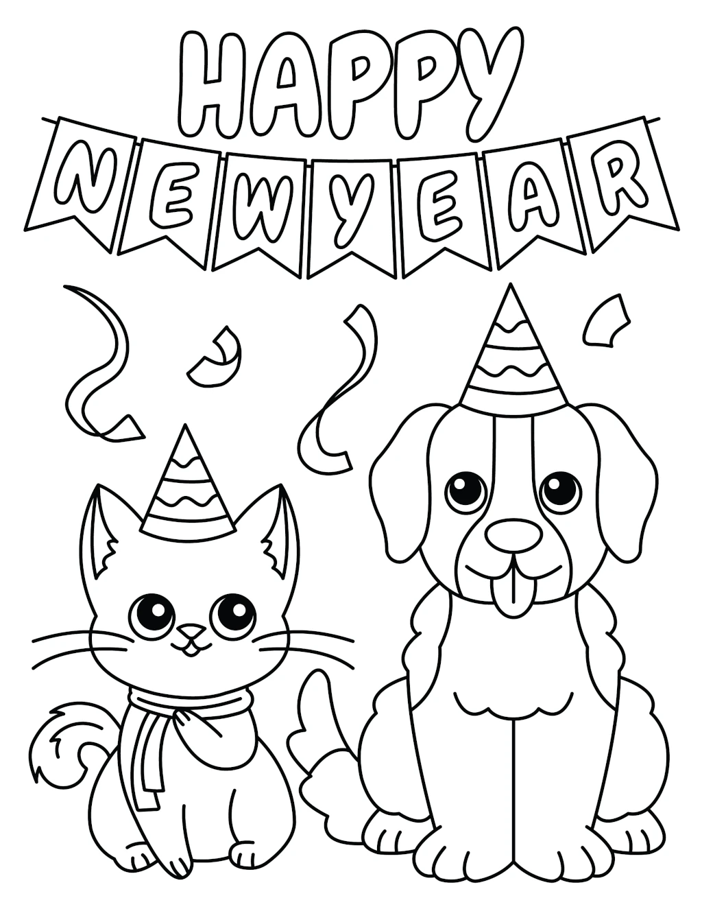 Happy New Year Cute Cat And Dog With Party Hats Coloring Page