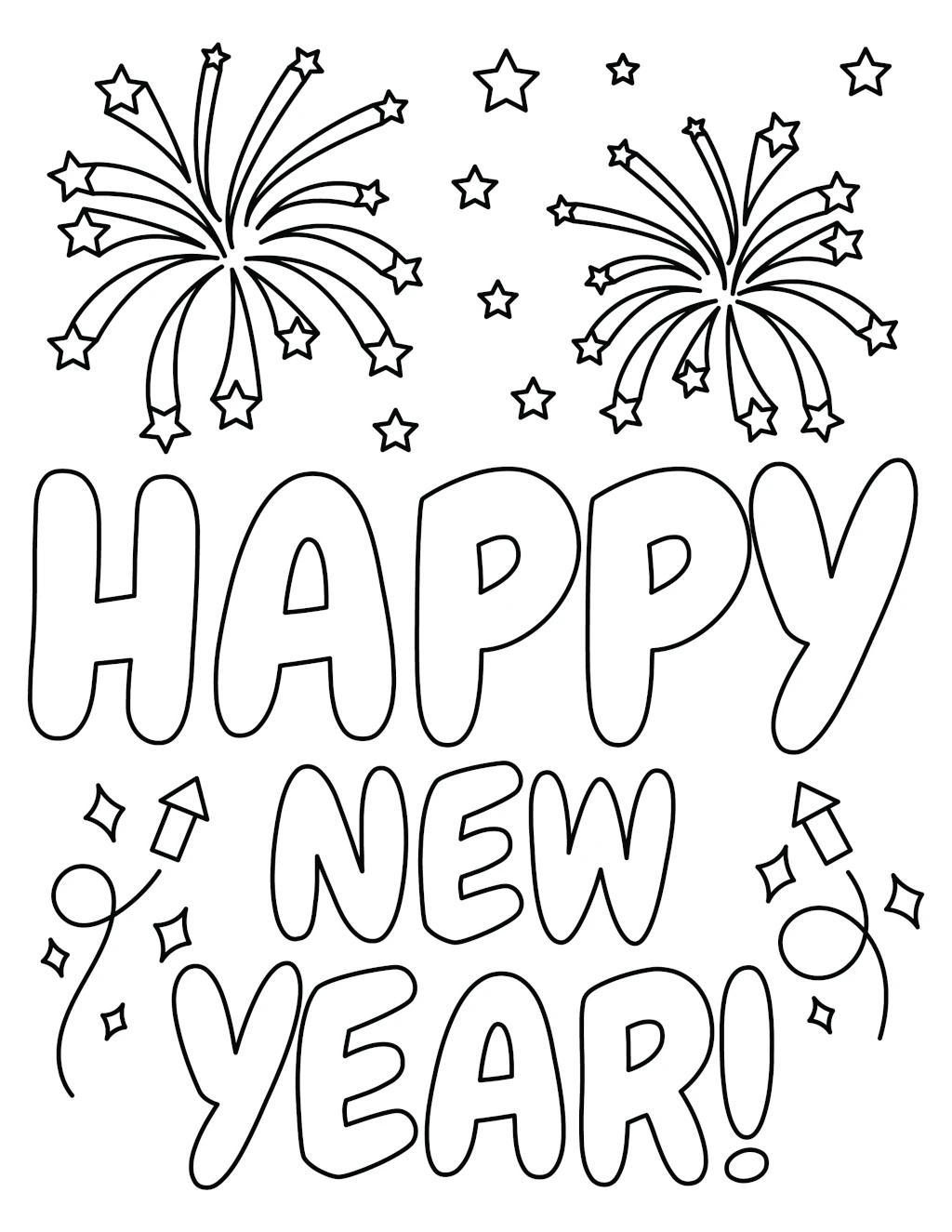 Happy New Year Stars Fireworks Explosions In The Sky Coloring Page Happy New Year Stars Fireworks Explosions In The Sky Coloring Page