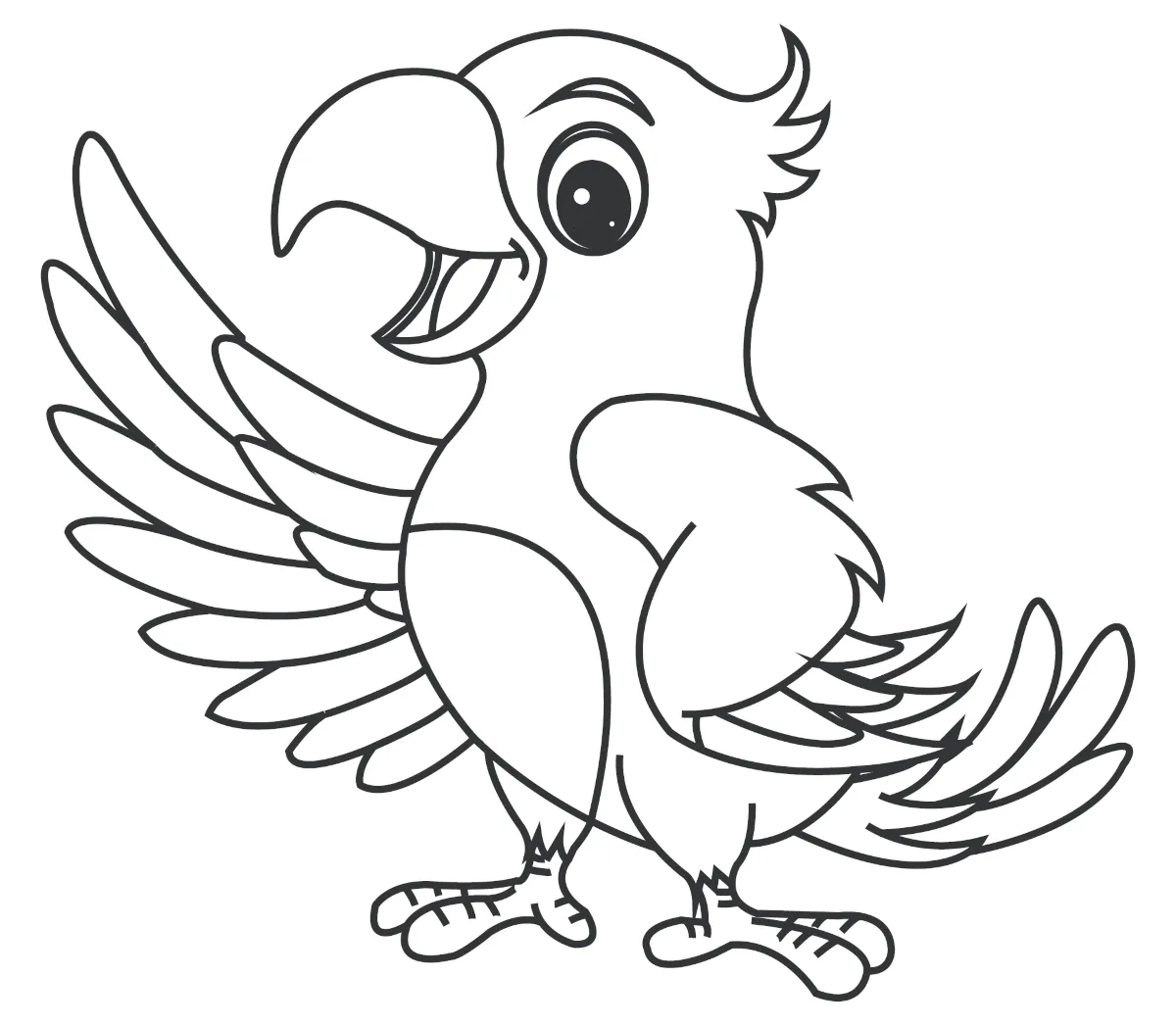 Cheerful Parrot Standing with Wings Open and a Big Smile  Tags: 🦜🌴😊✨ Coloring Page