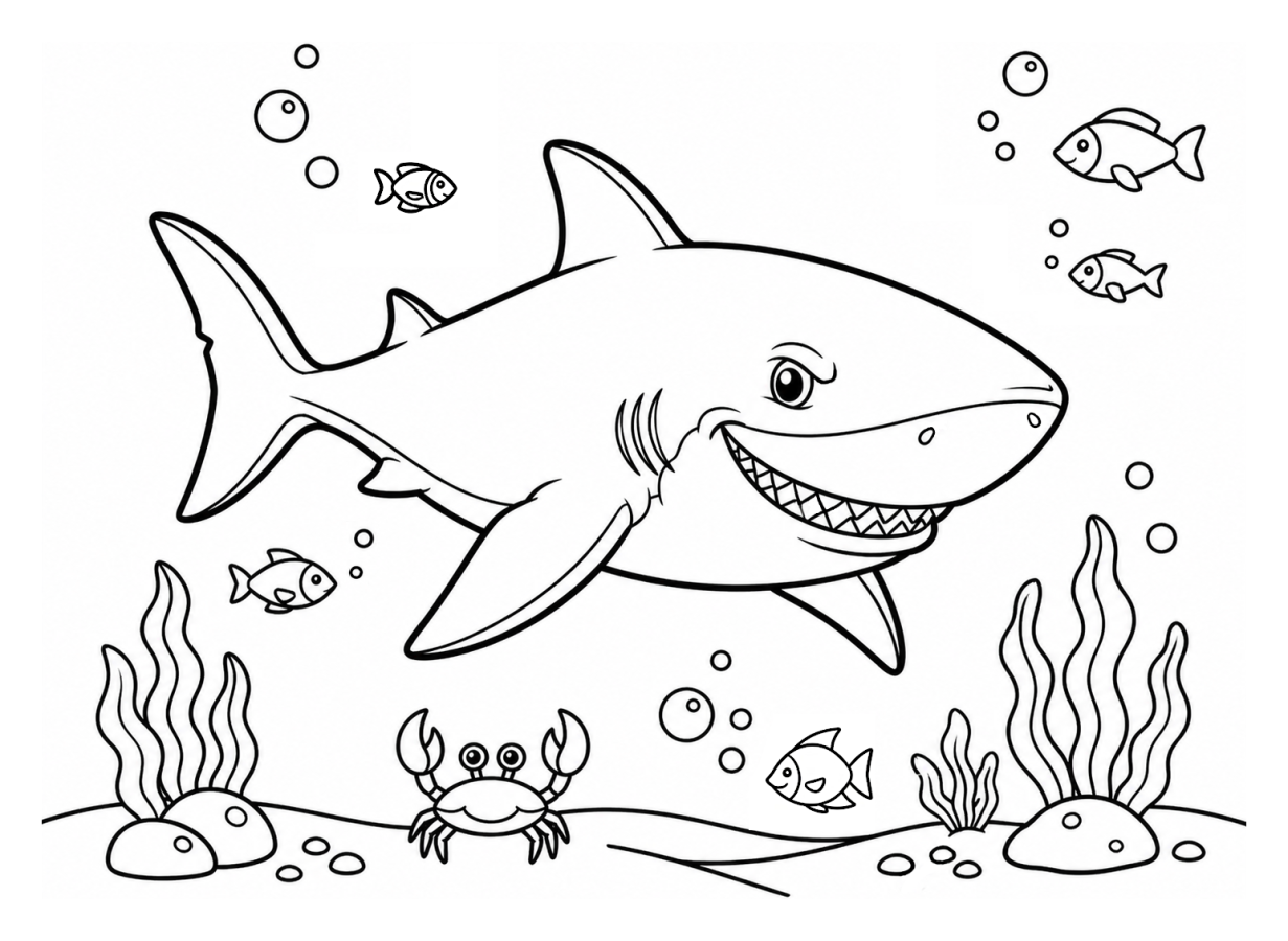 Happy Shark with Fish and Crab Underwater Scene 🦈🐟🦀 Coloring Page