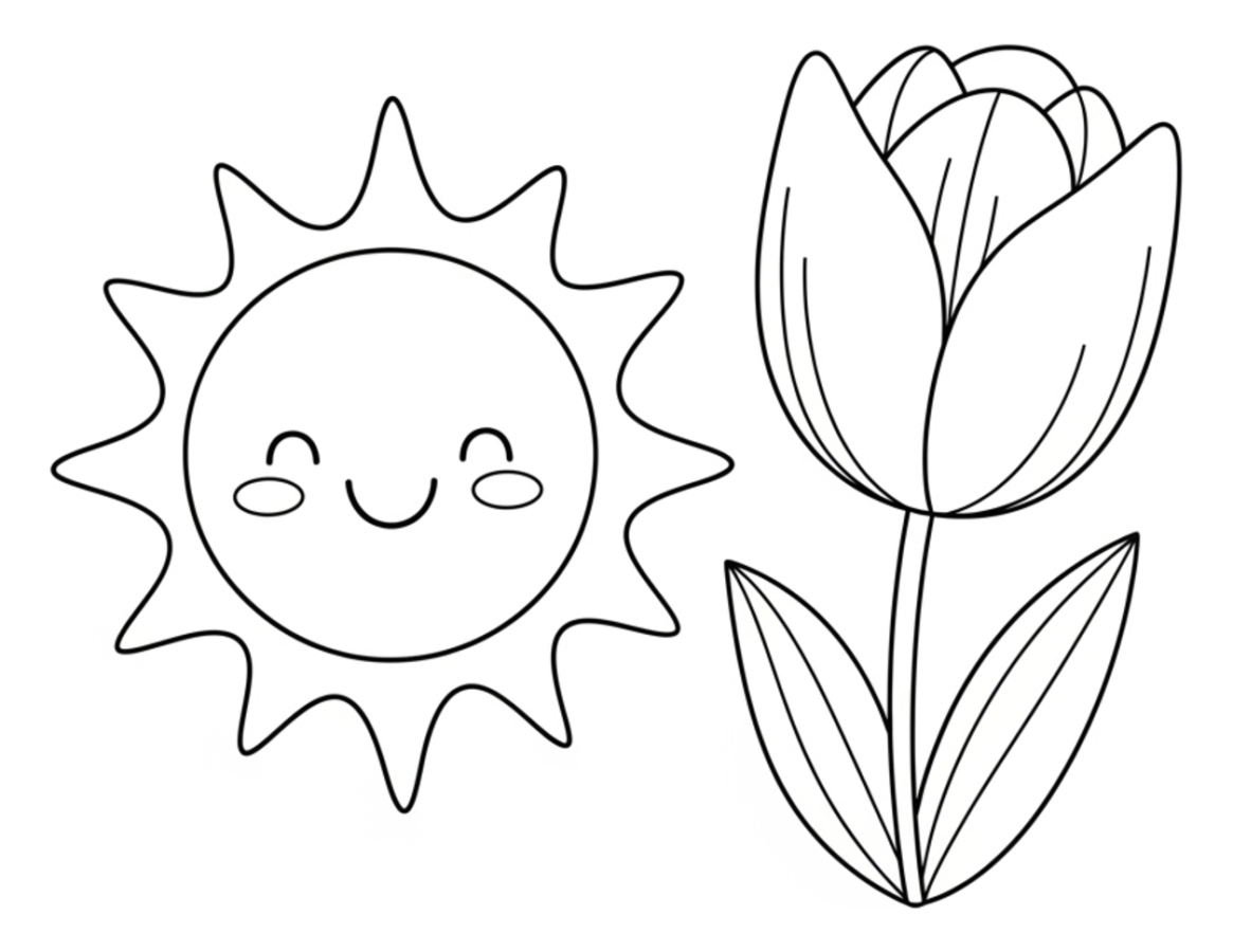 Happy Sun with Tulip Blooming in the Garden 🌞🌷🌸 Coloring Page