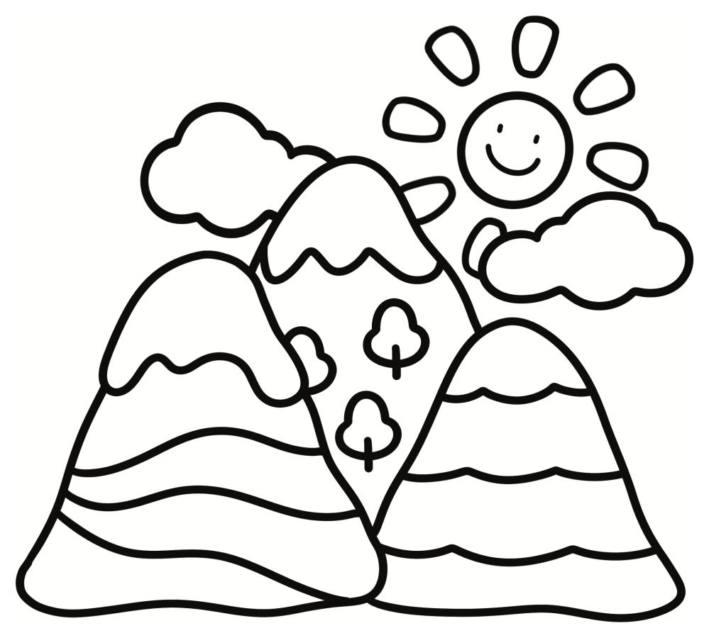 Happy Sunny Mountain Landscape with Smiling Sun and Clouds 🌞🏔️☁️ Coloring Page