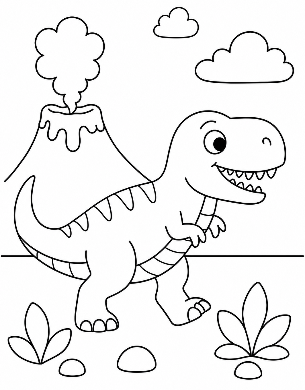 Happy T-Rex Dinosaur Near Volcano 🦖🌋🌿 Coloring Page