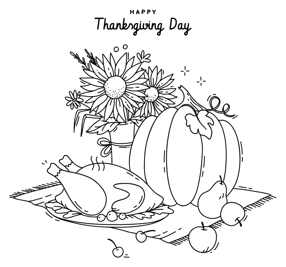 Celebrate Thanksgiving with a delightful spread of roasted turkey, pumpkin, and fresh fruits 🦃🎃🍎 Coloring Page