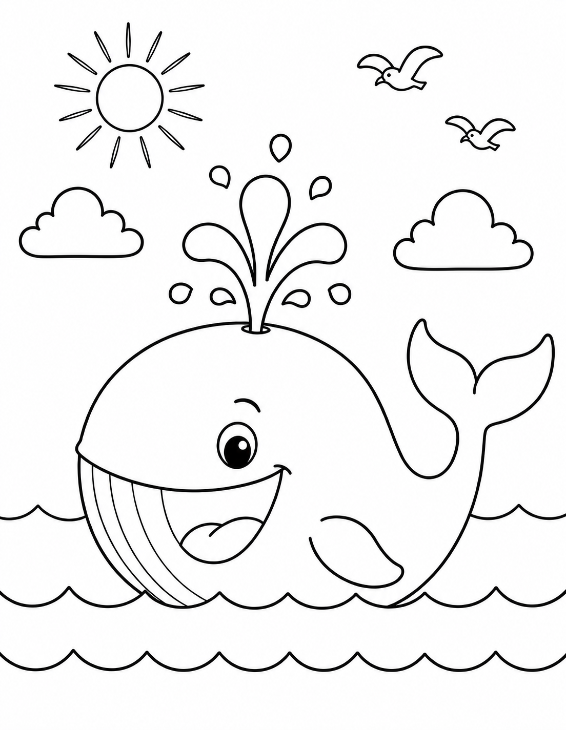 Happy Whale Spouting Water 🐋🌊☀️ Coloring Page