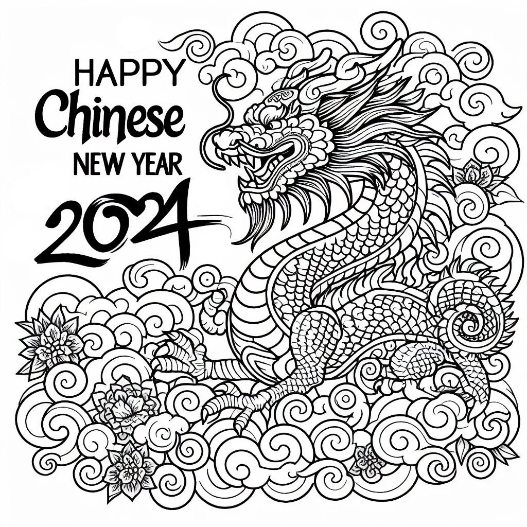Happy Chinese New Year 2024 Dragon 🐉🎉 Coloring Page