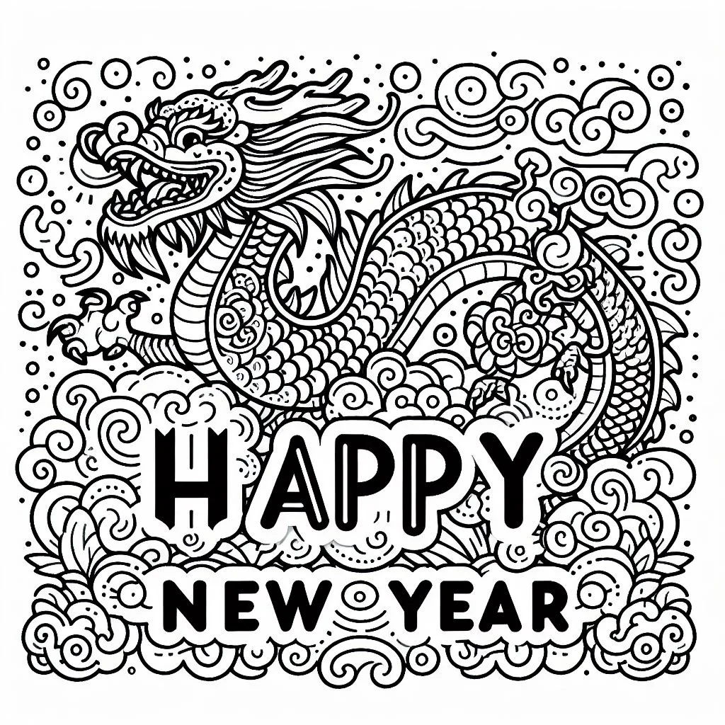 Happy Chinese New Year Dragon 🐉🧧 Coloring Page
