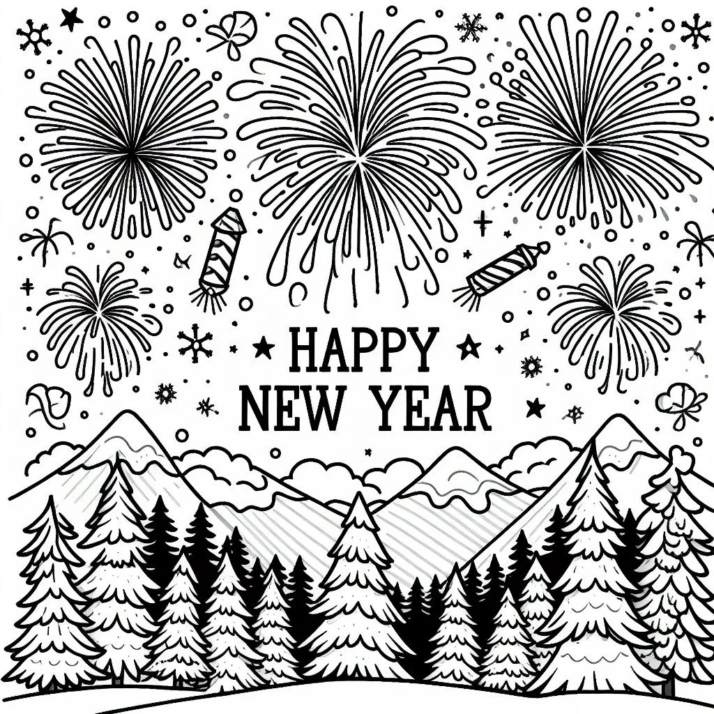 Happy New Year with Fireworks above a Landscape with Trees 🎆🌳 Coloring Page