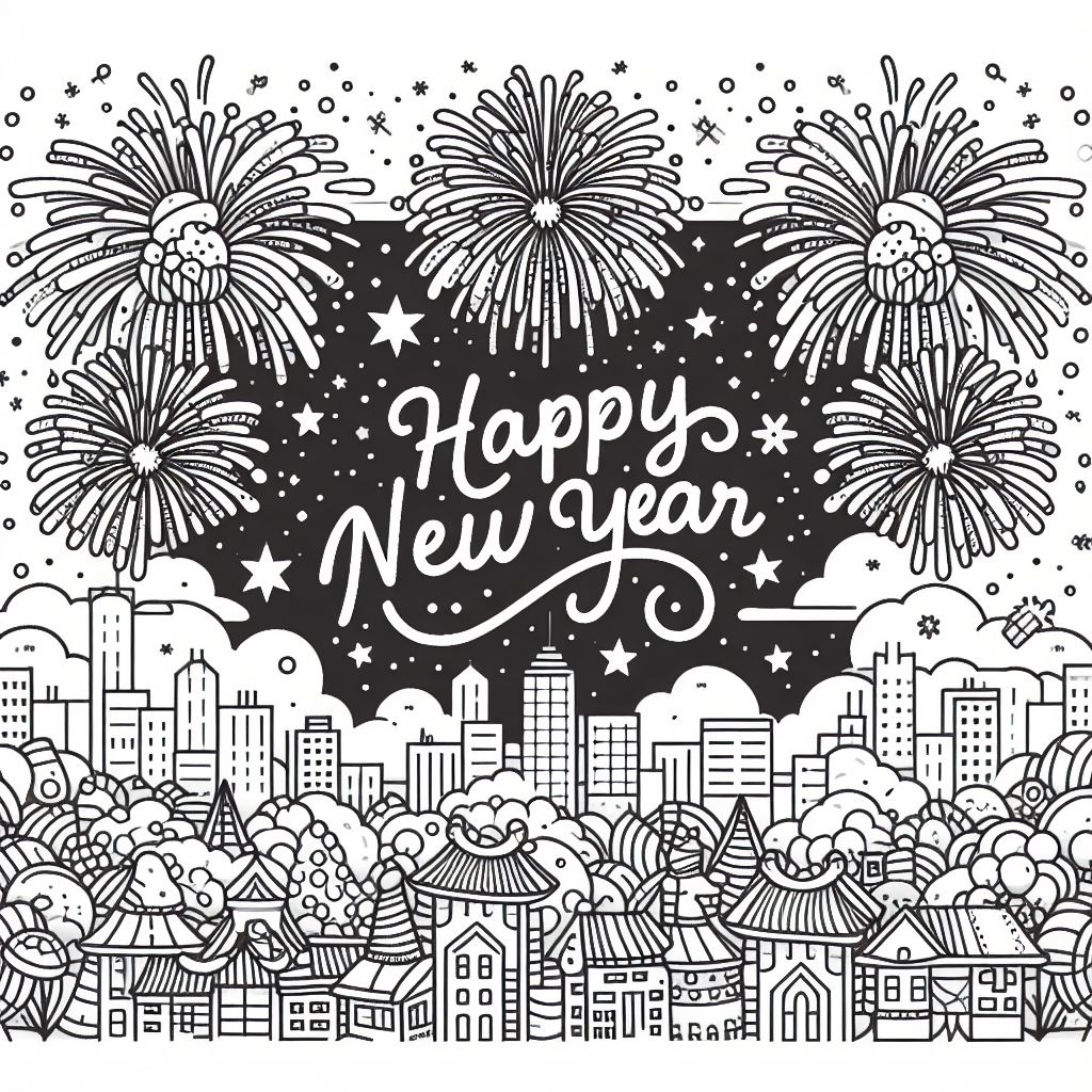 Happy New Year with Fireworks above a City 🎆🏙️ Coloring Page
