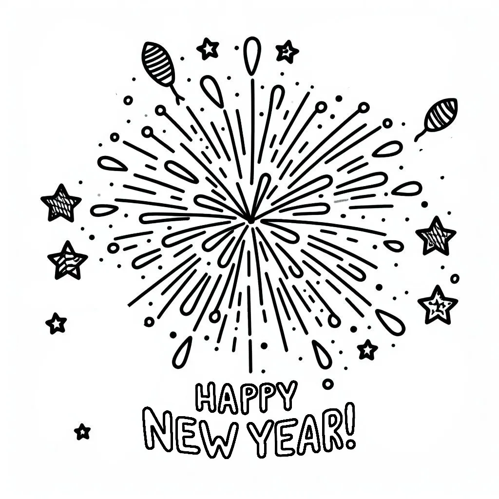 Happy New Year Fireworks 🎆 Coloring Page
