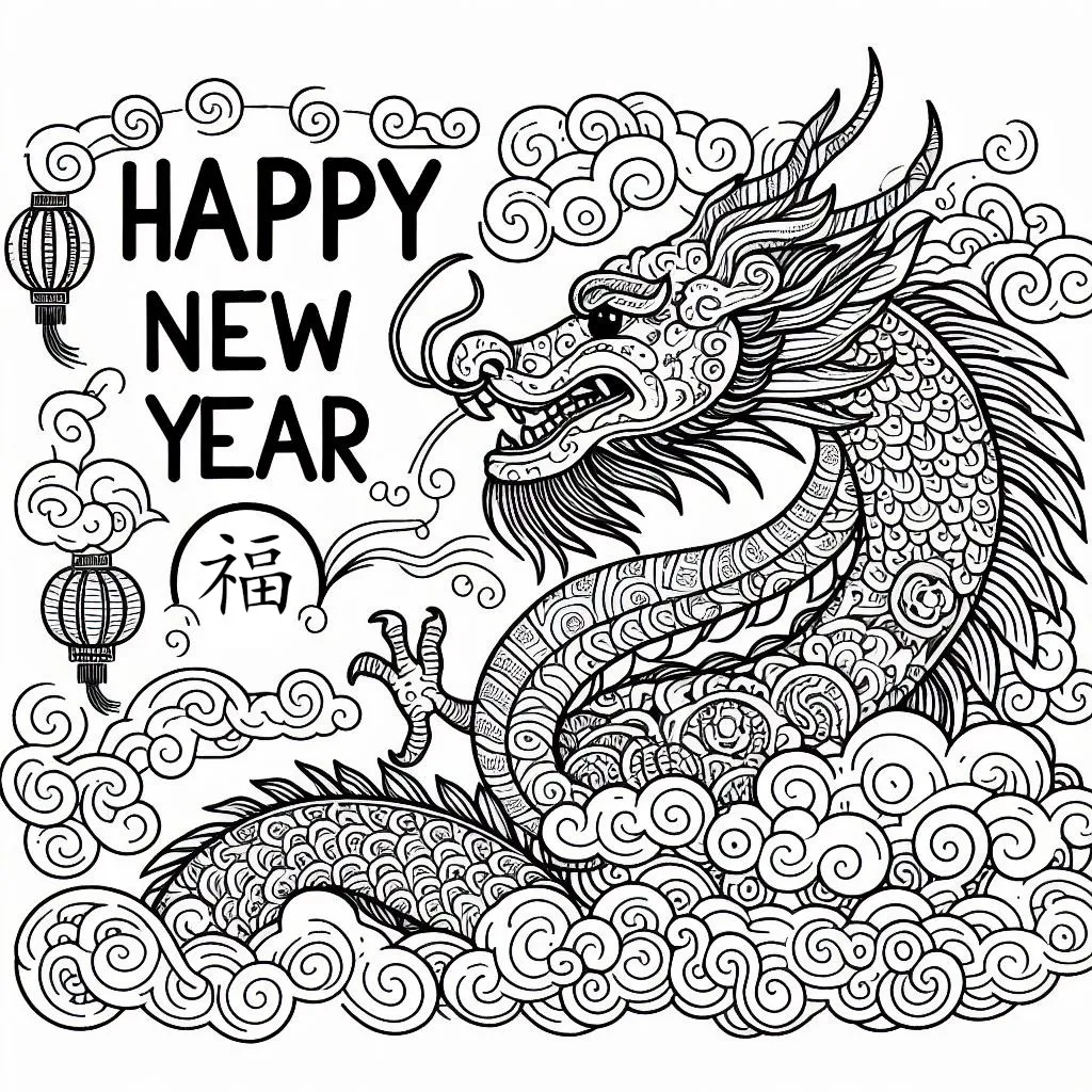 Happy Lunar New Year Dragon 福 🐉🎆 Coloring Page