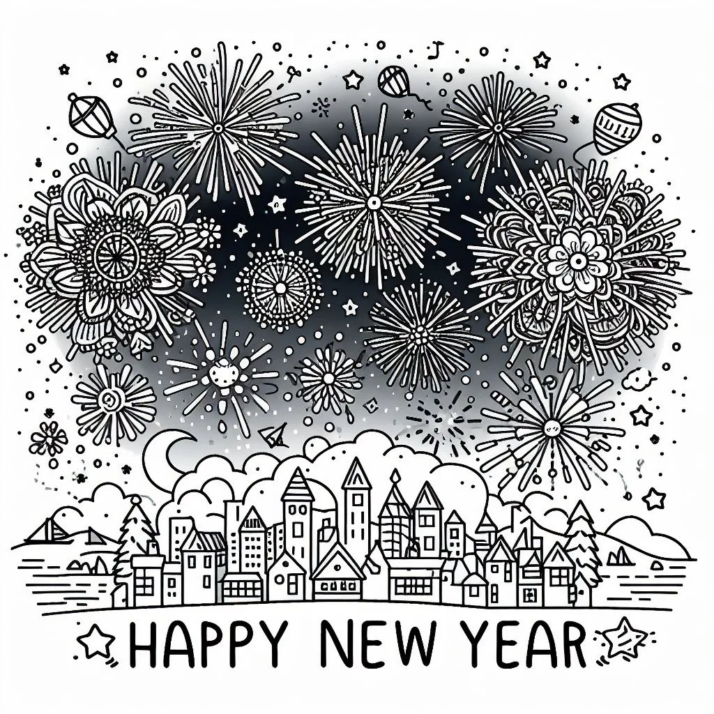 Happy New Year with Fireworks above a City 🎆🏙️ Coloring Page
